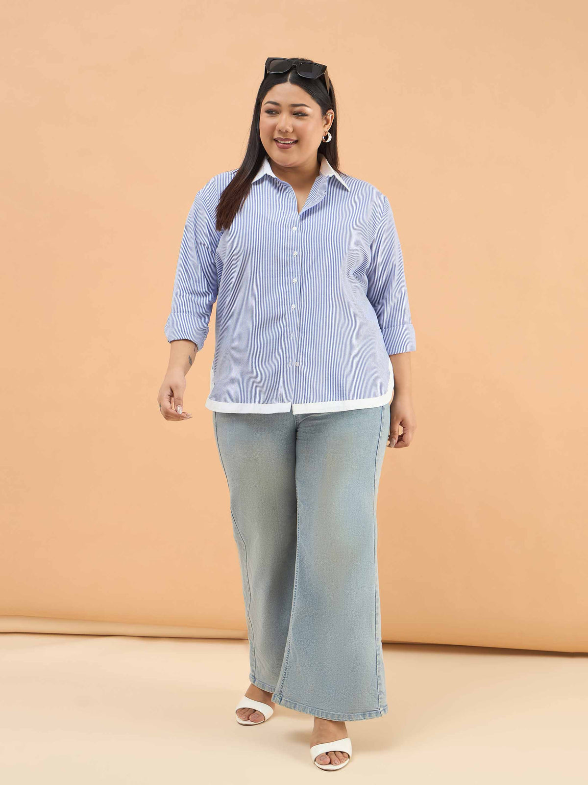 Blue Stripes Back Design Hi-Low Shirt -SASSAFRAS Curve
