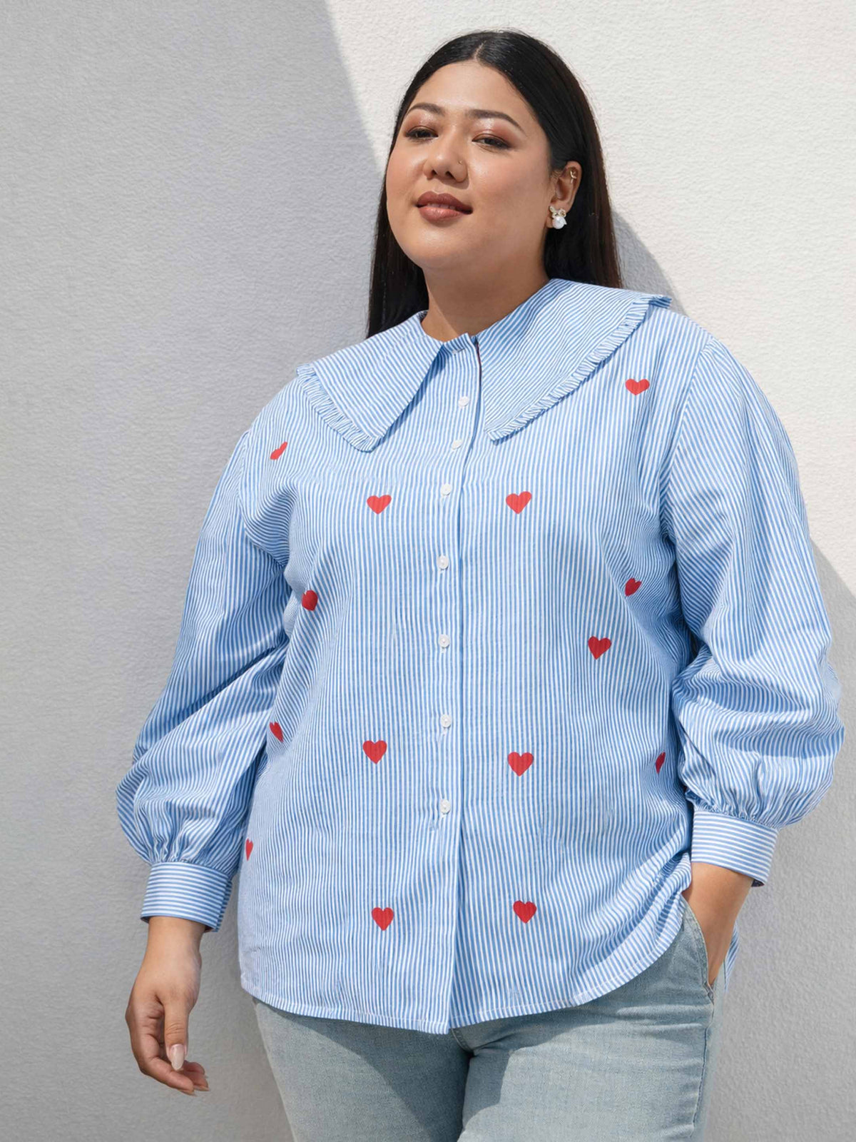Navy Stripes Heart Print Peter Pan Regular Shirt-SASSAFRAS Curve