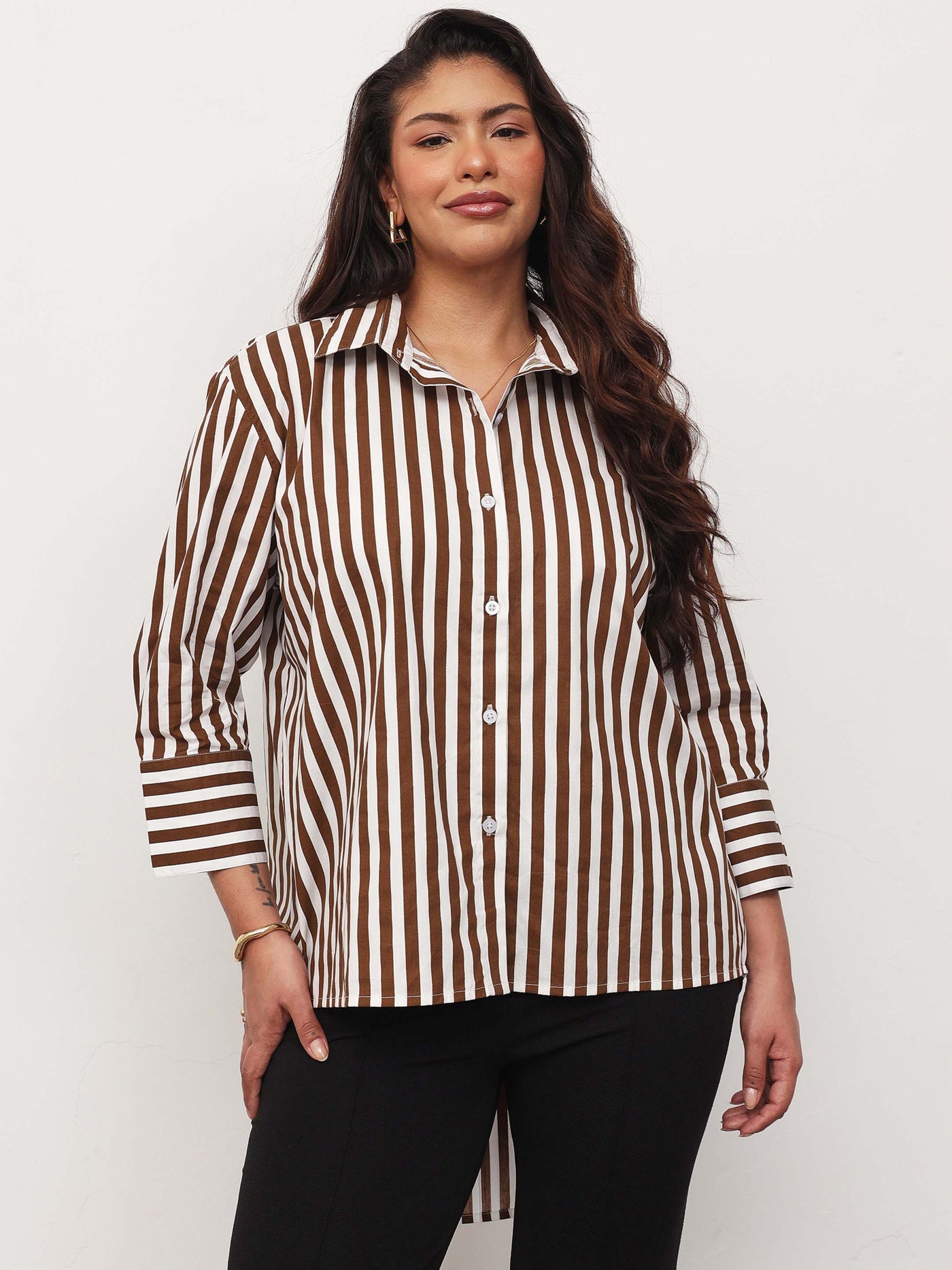 Brown Stripe High-Low Regular Shirt -SASSAFRAS Curve