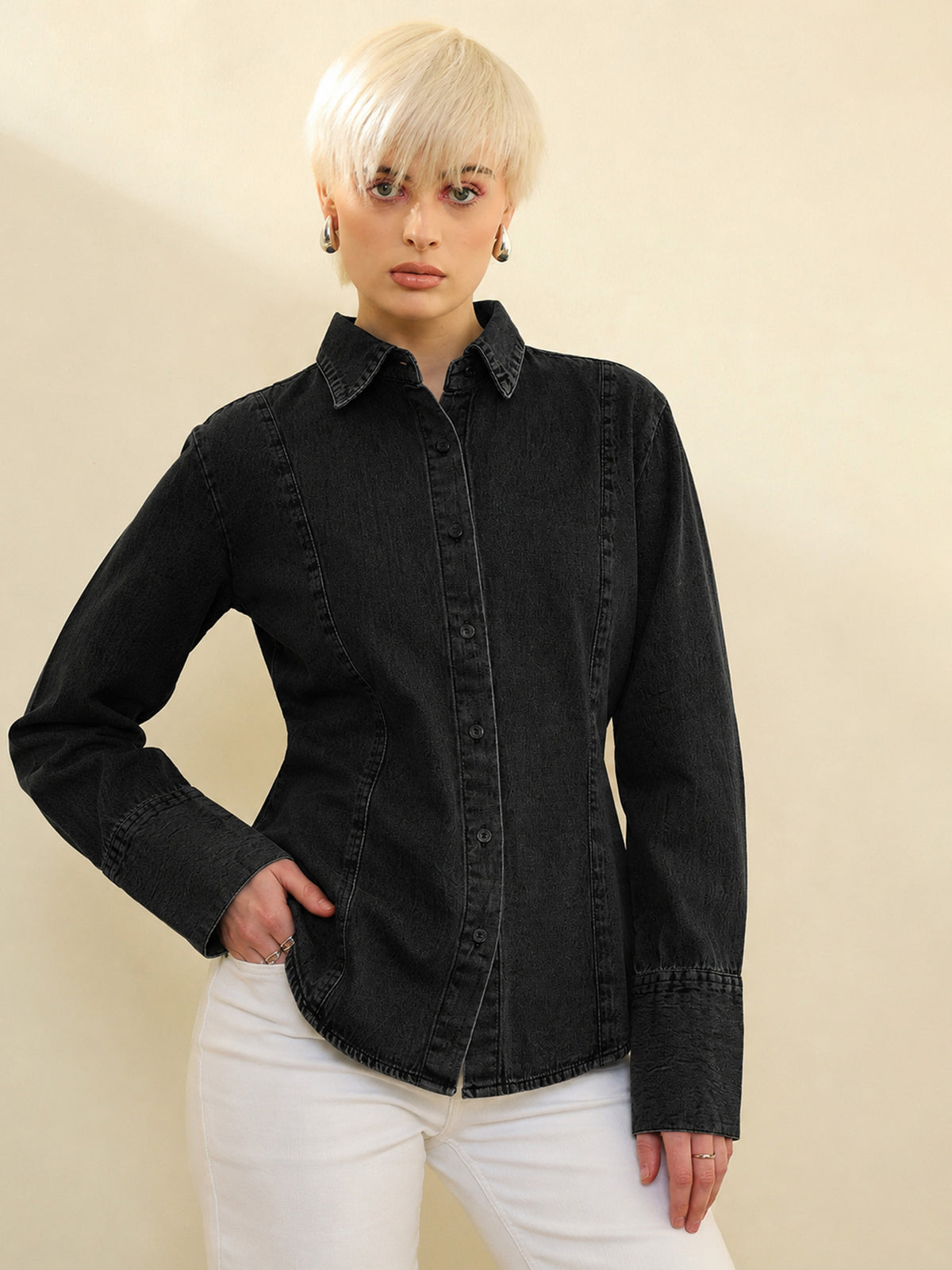 Black Denim Slim Fit Shirt -SASSAFRAS
