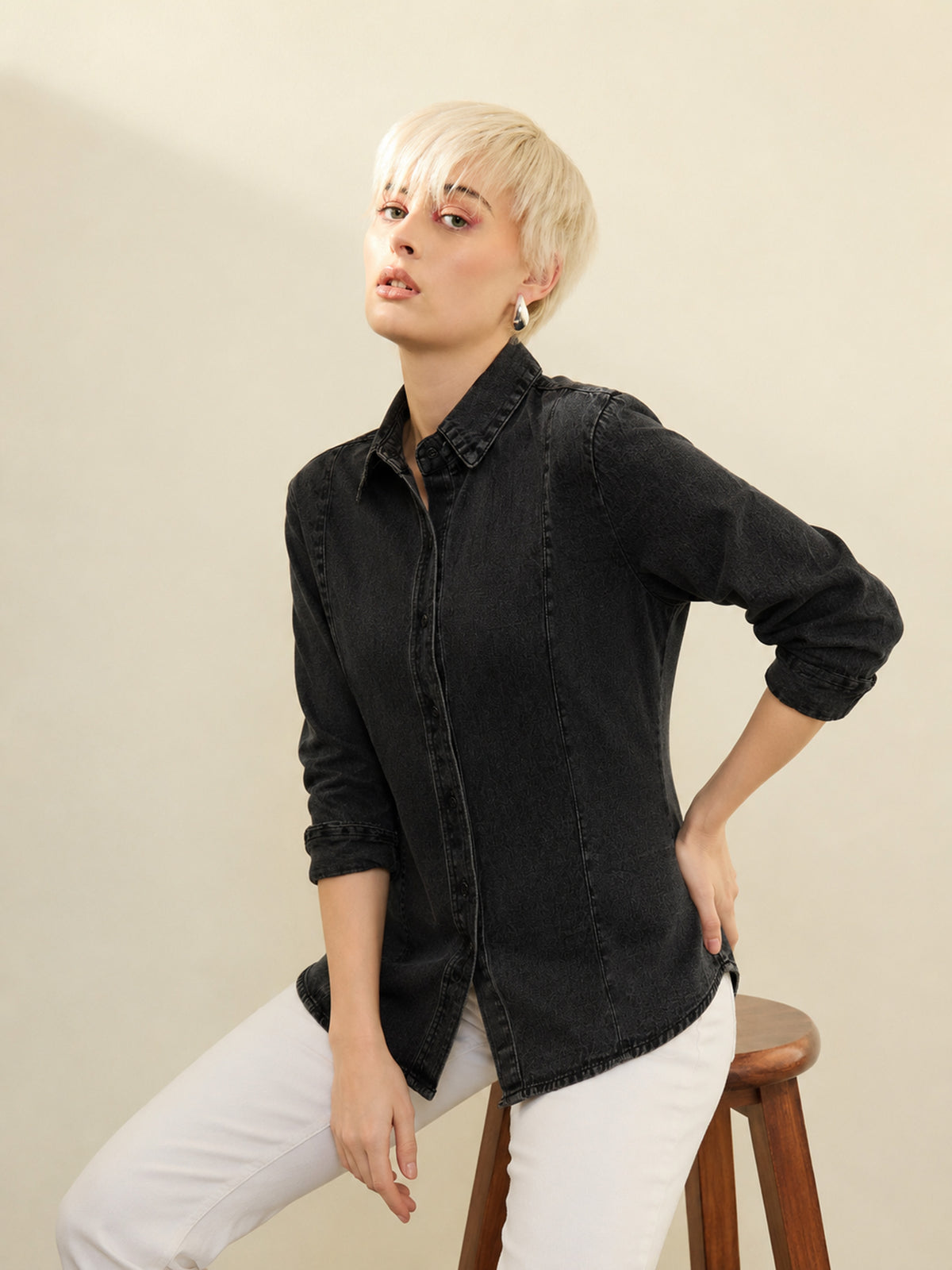 Black Denim Slim Fit Shirt -SASSAFRAS
