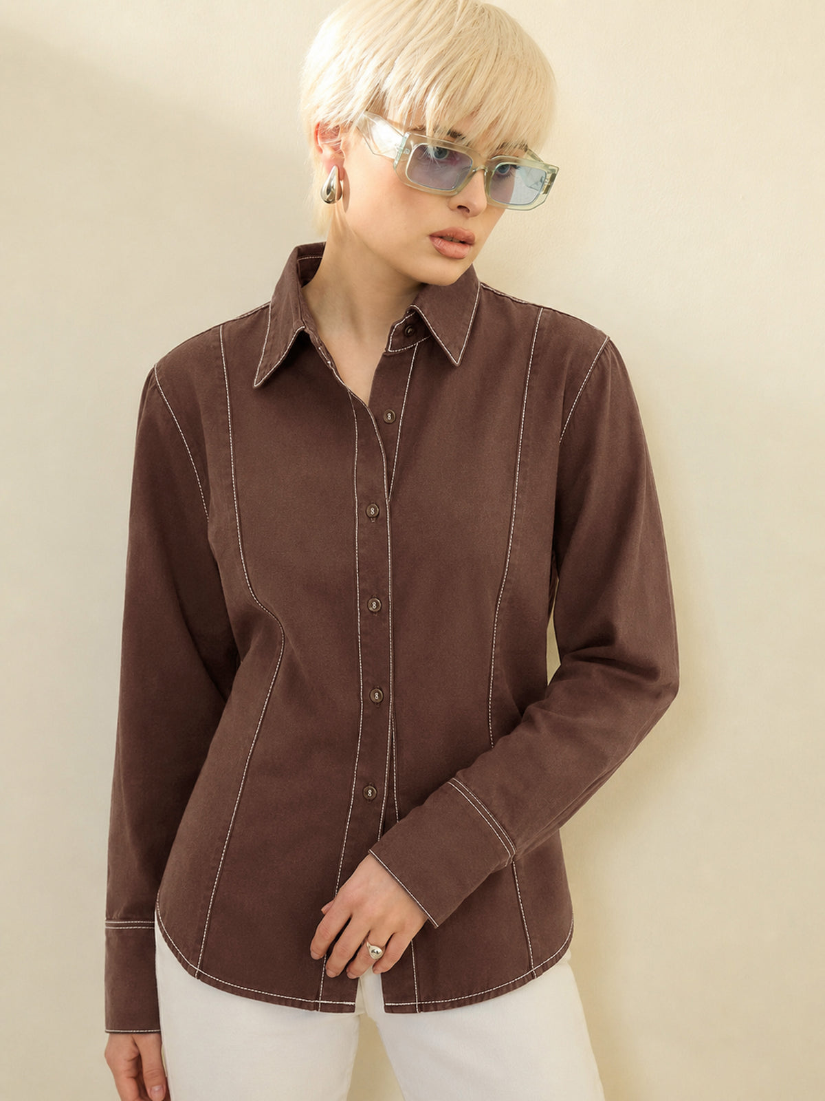 Brown Wash Denim Slim Fit Shirt -SASSAFRAS