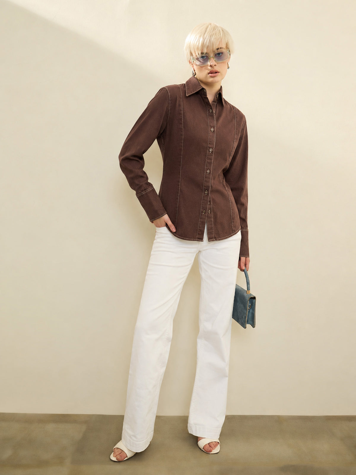 Brown Wash Denim Slim Fit Shirt -SASSAFRAS