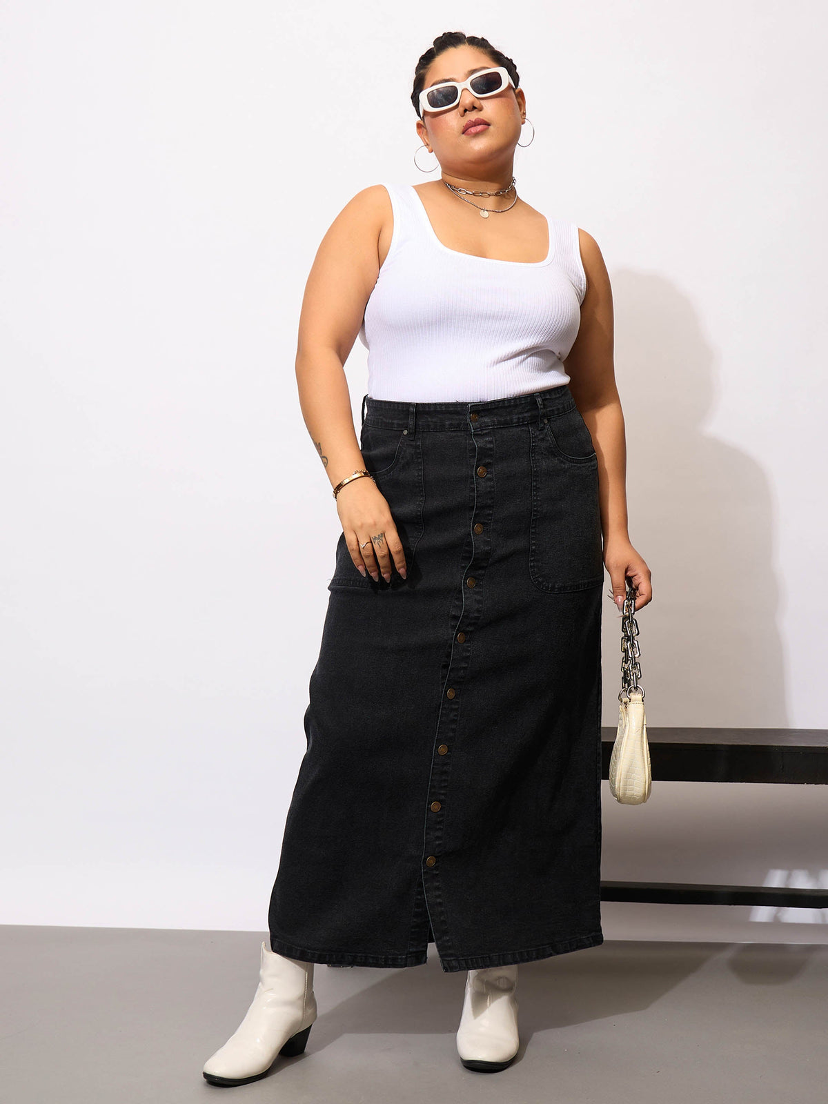 Black Denim Acid Wash Front Button Skirt-SASSAFRAS Curve