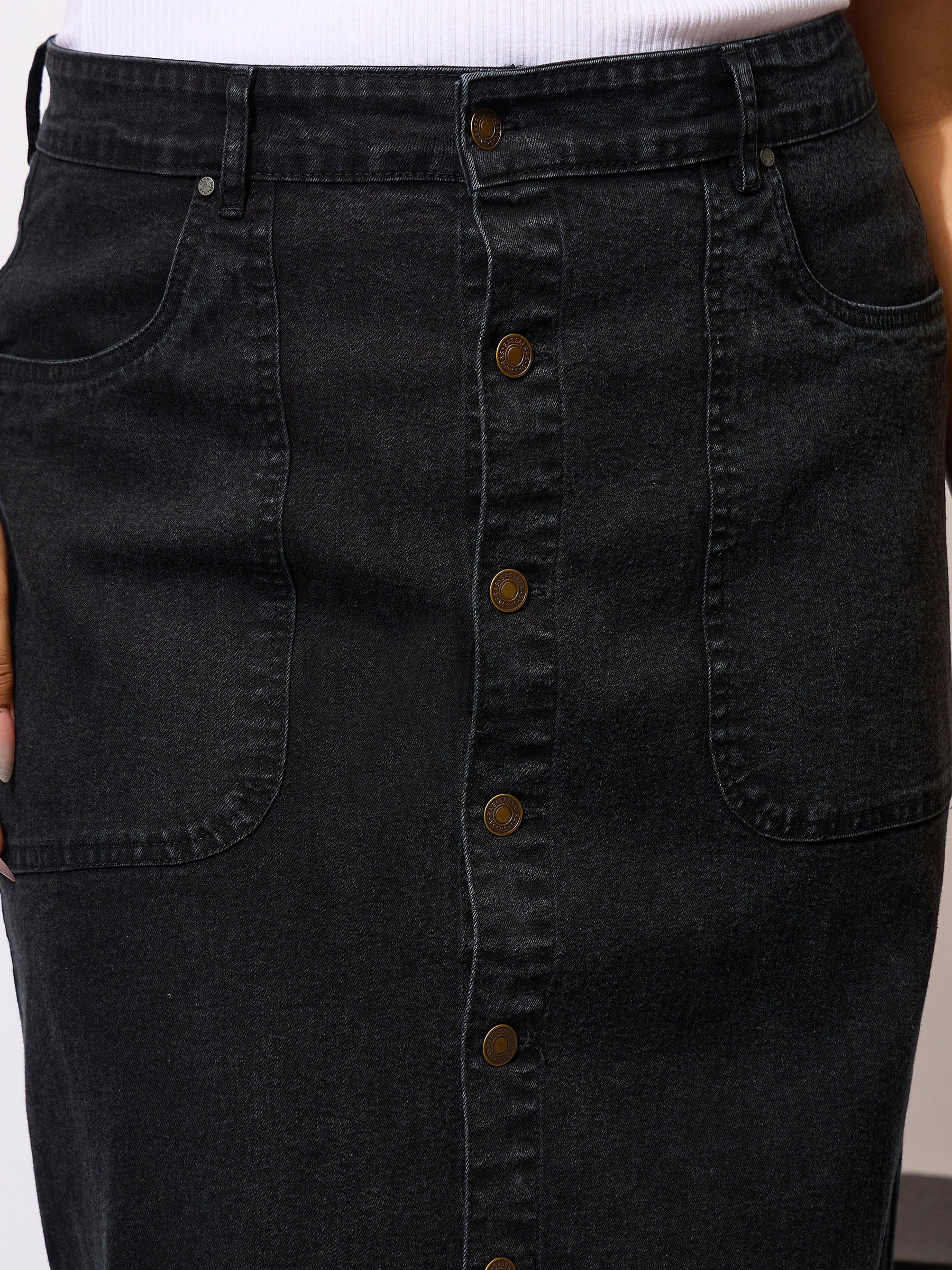 Black Denim Acid Wash Front Button Skirt-SASSAFRAS Curve