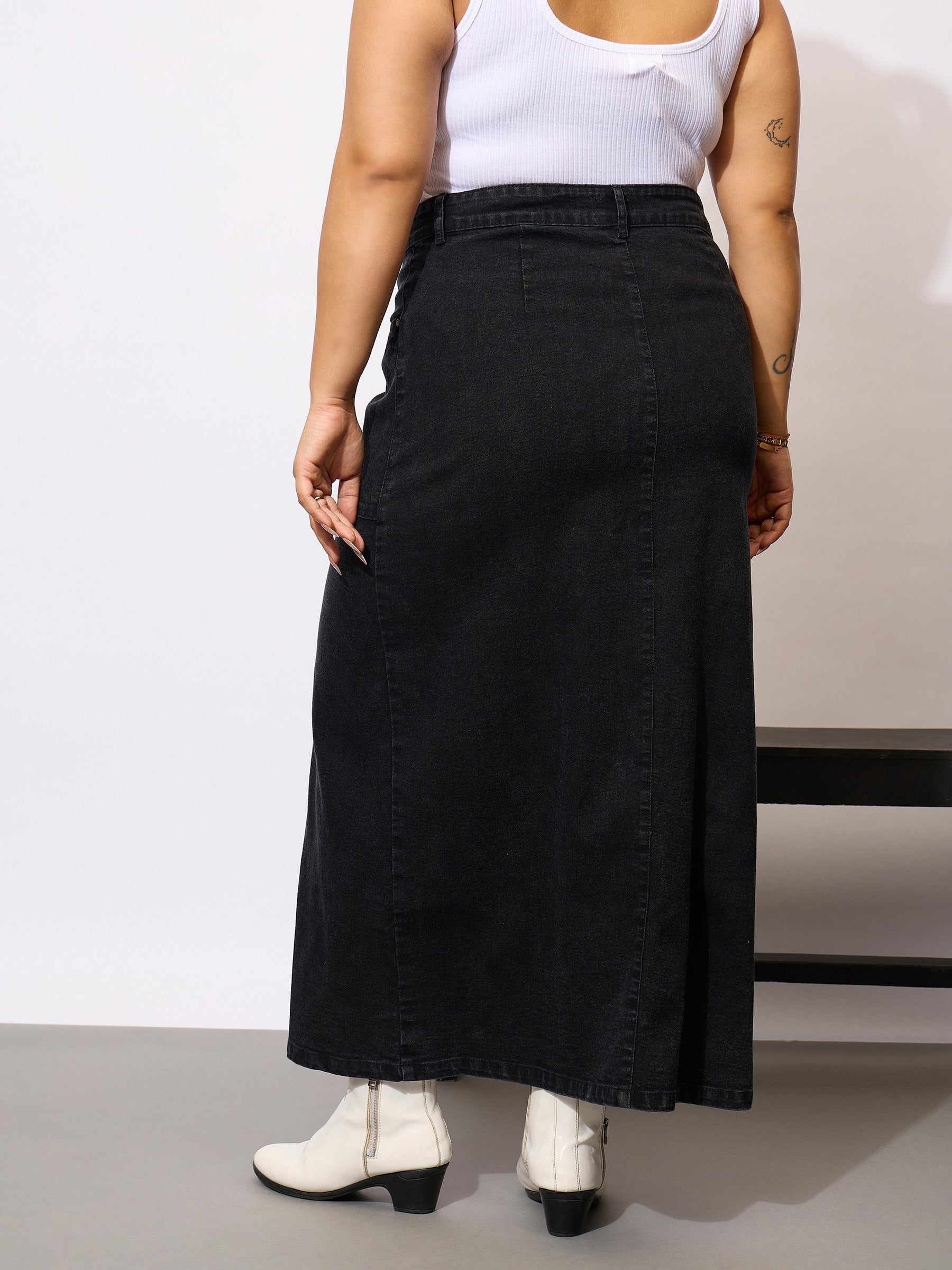 Black Denim Acid Wash Front Button Skirt-SASSAFRAS Curve