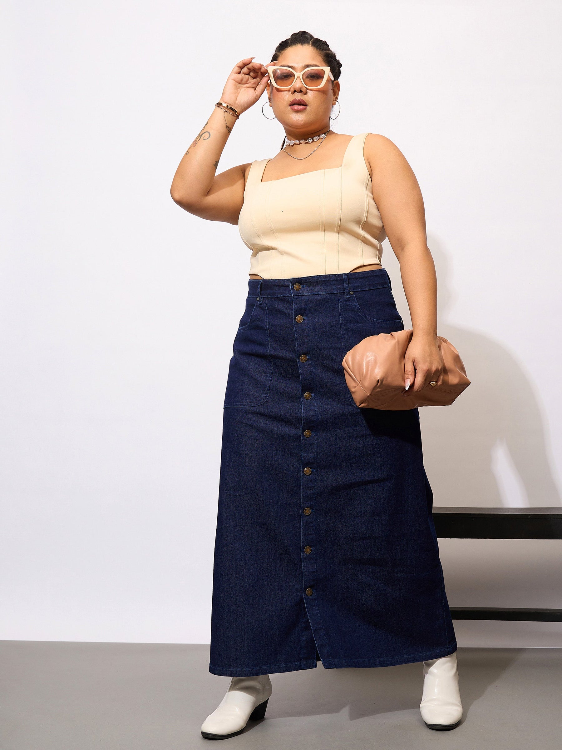 Navy Denim Acid Wash Front Button Skirt-SASSAFRAS Curve