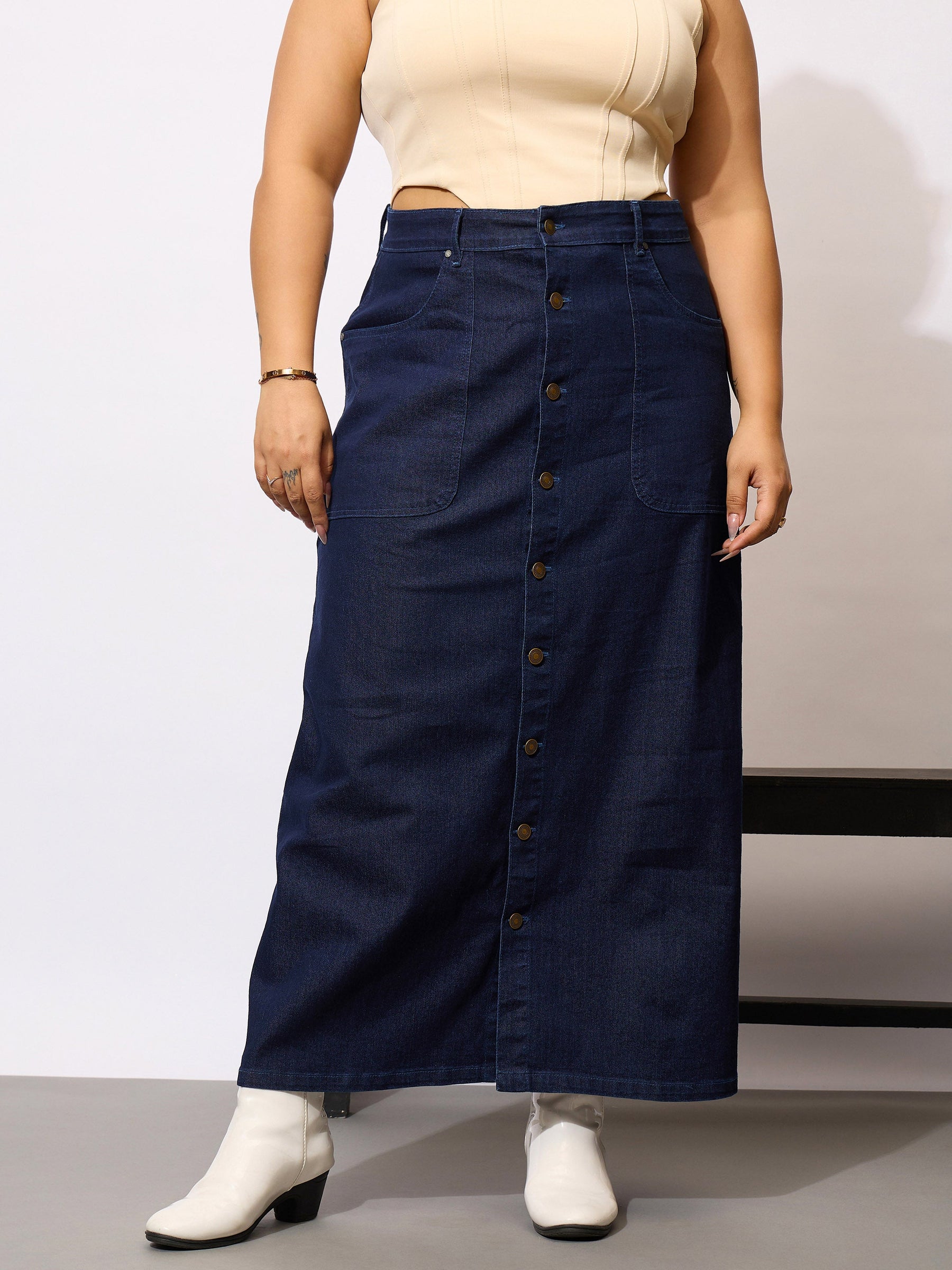 Navy Denim Acid Wash Front Button Skirt-SASSAFRAS Curve