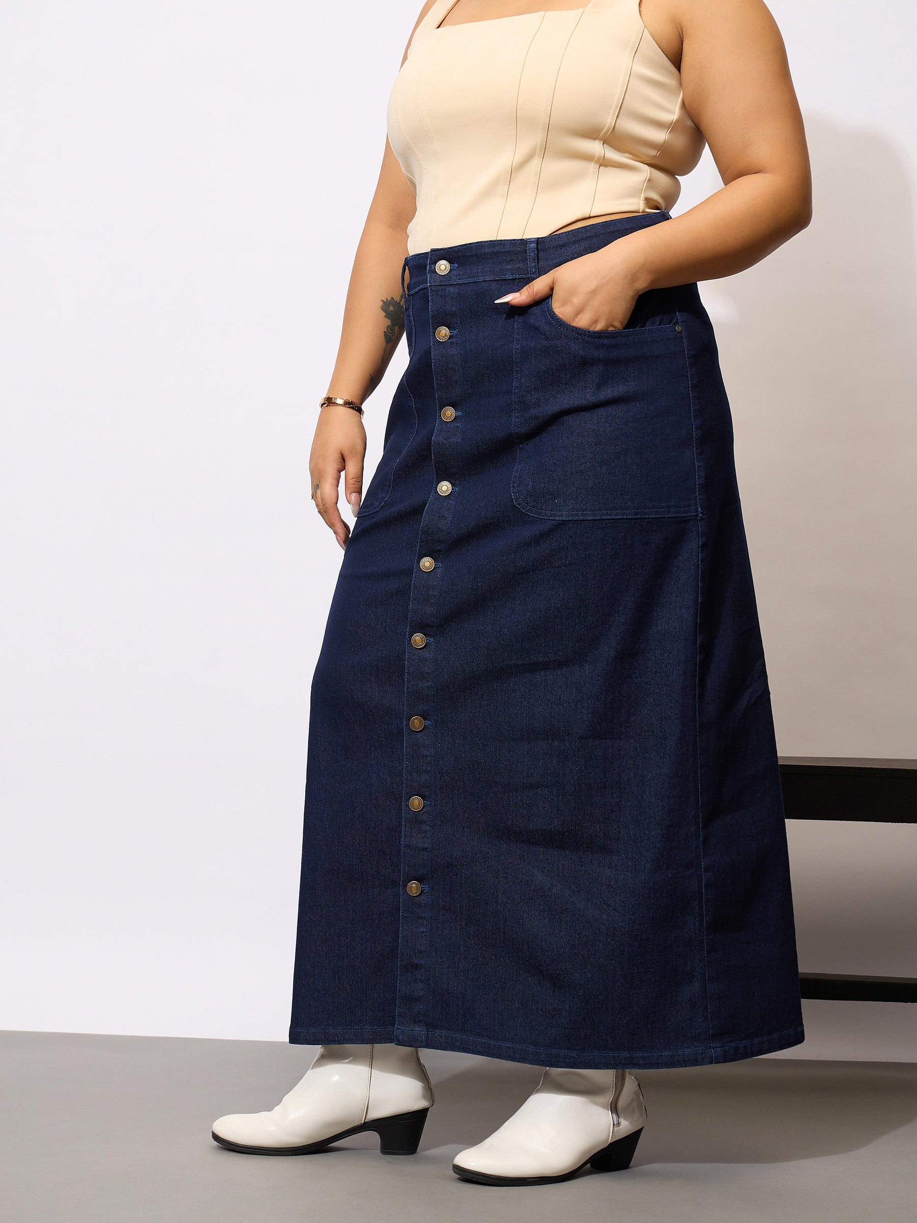 Navy Denim Acid Wash Front Button Skirt-SASSAFRAS Curve