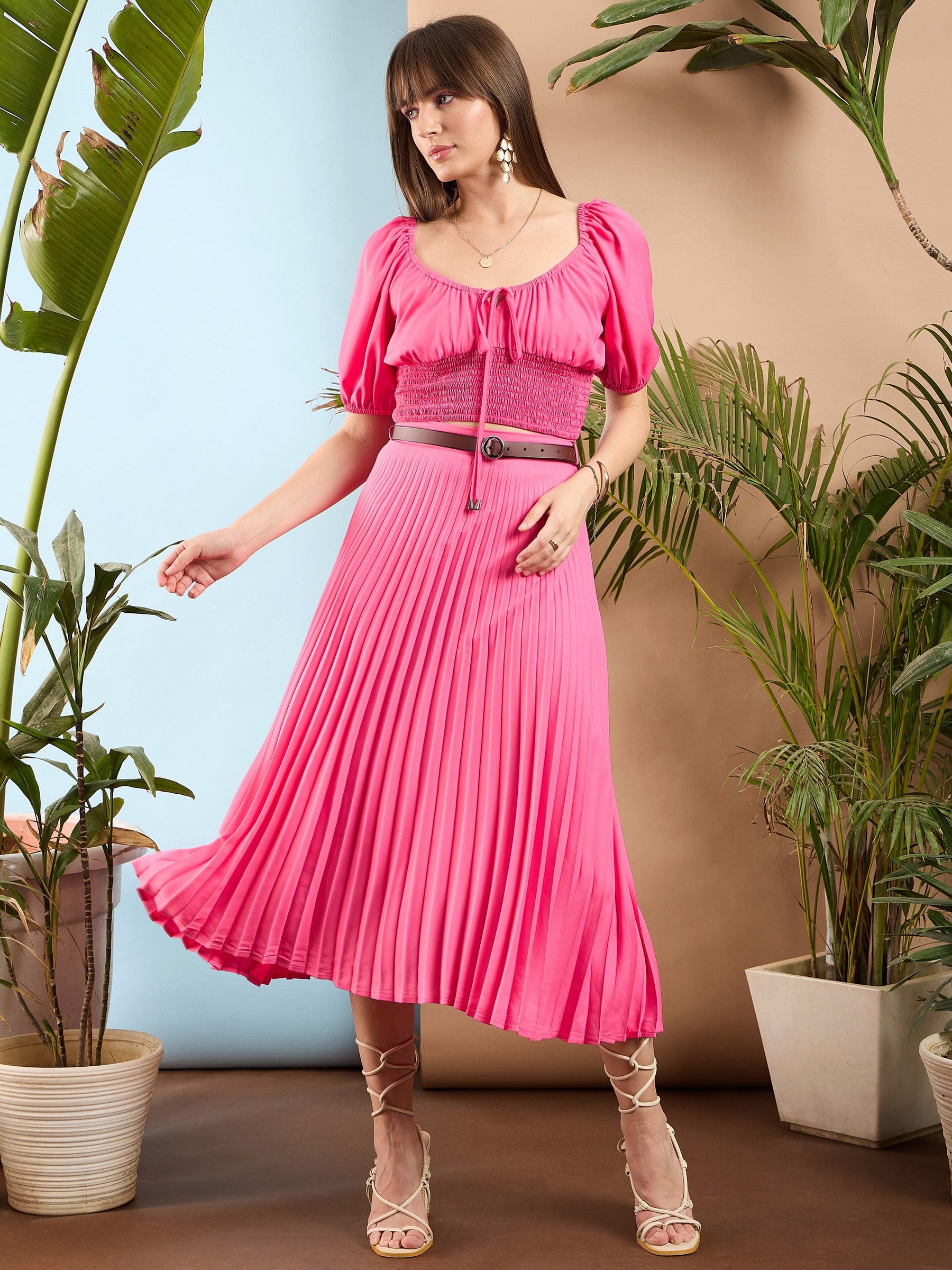 Pink Accordion Pleated Midi Skirt-SASSAFRAS