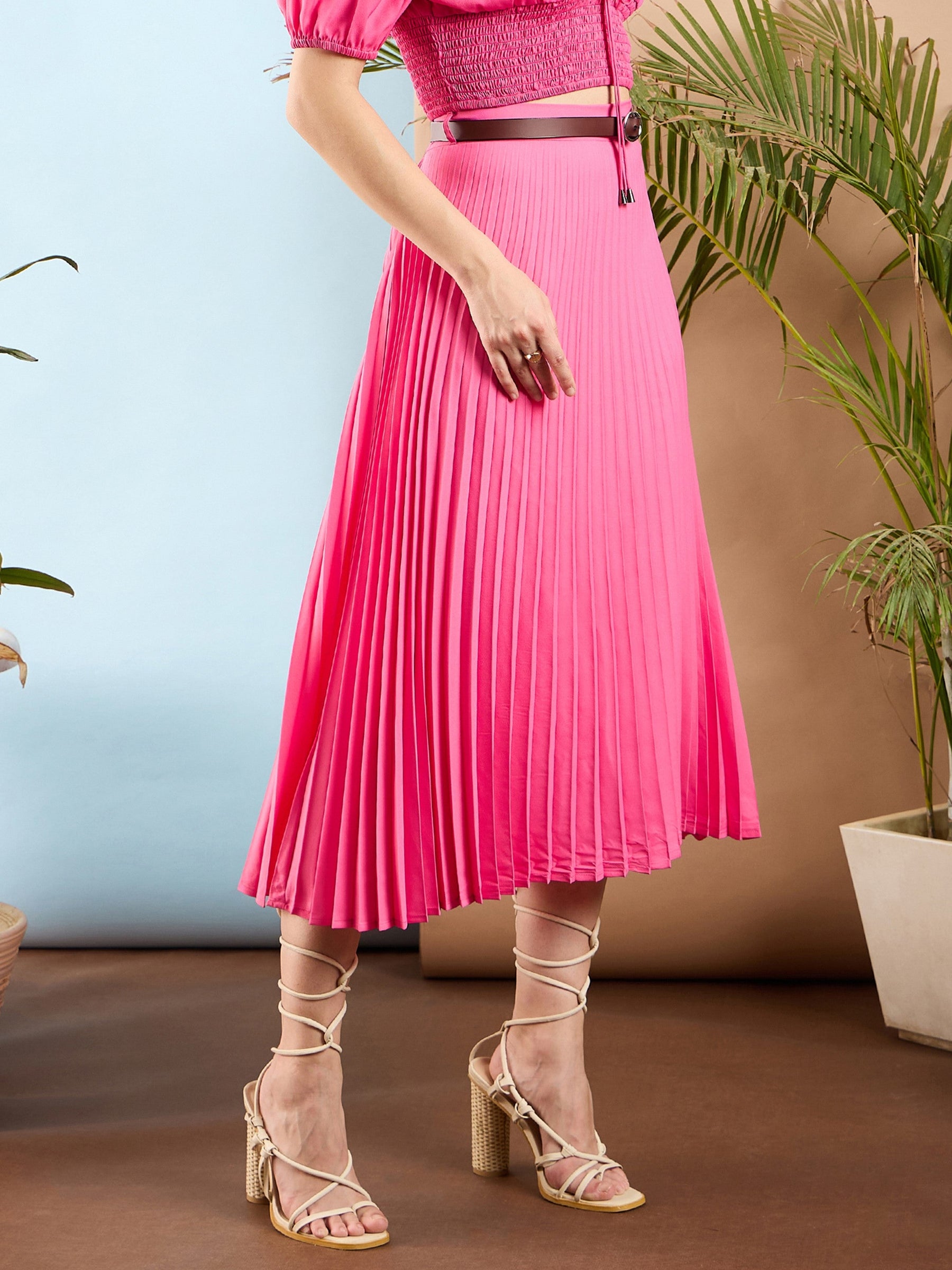 Pink Accordion Pleated Midi Skirt-SASSAFRAS