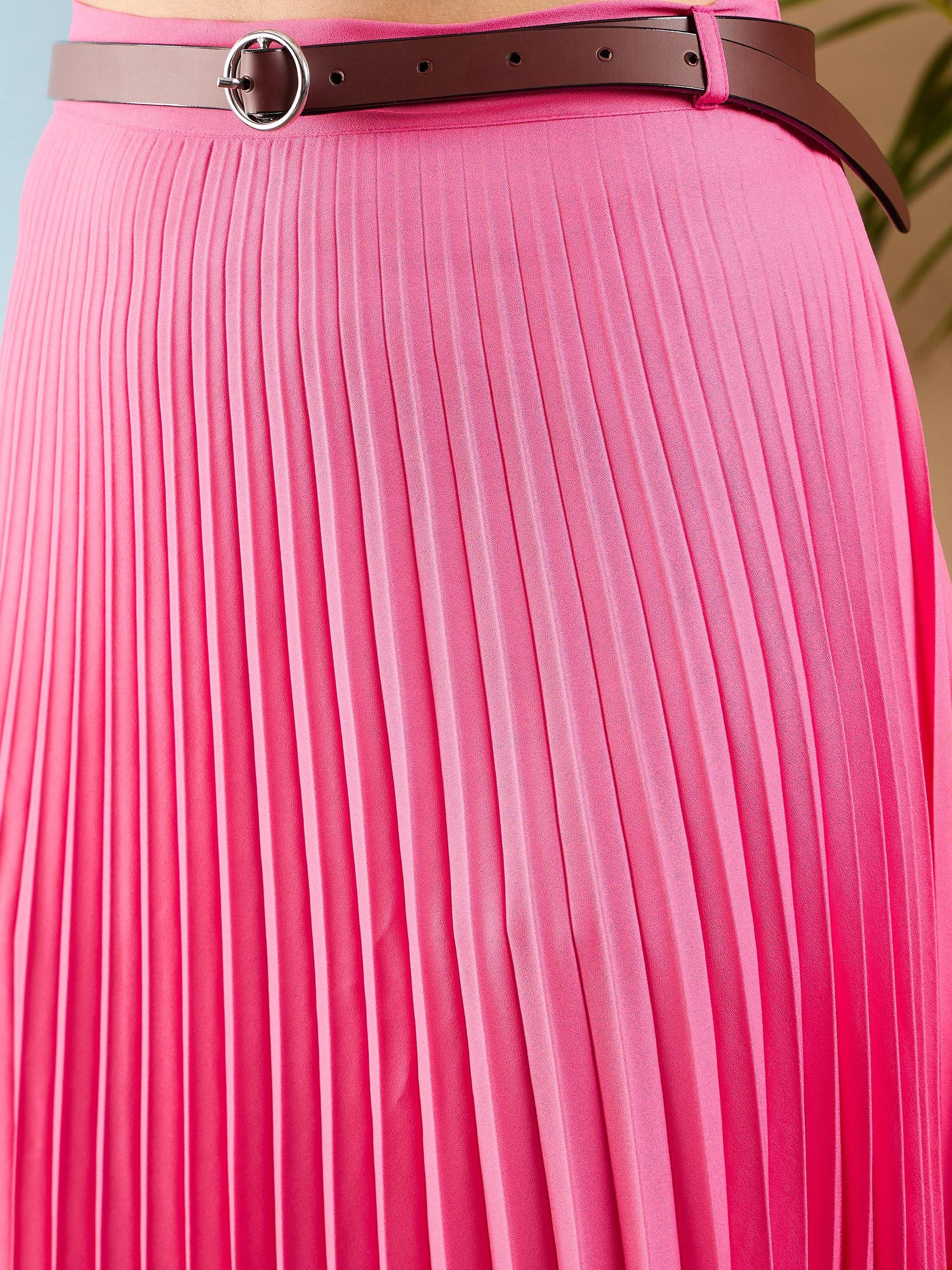 Pink Accordion Pleated Midi Skirt-SASSAFRAS