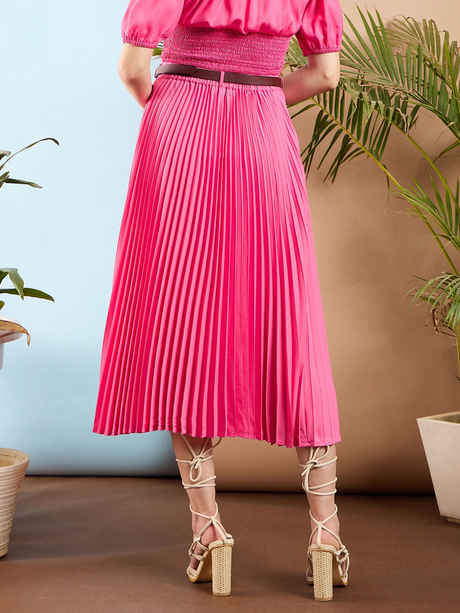 Pink Accordion Pleated Midi Skirt-SASSAFRAS