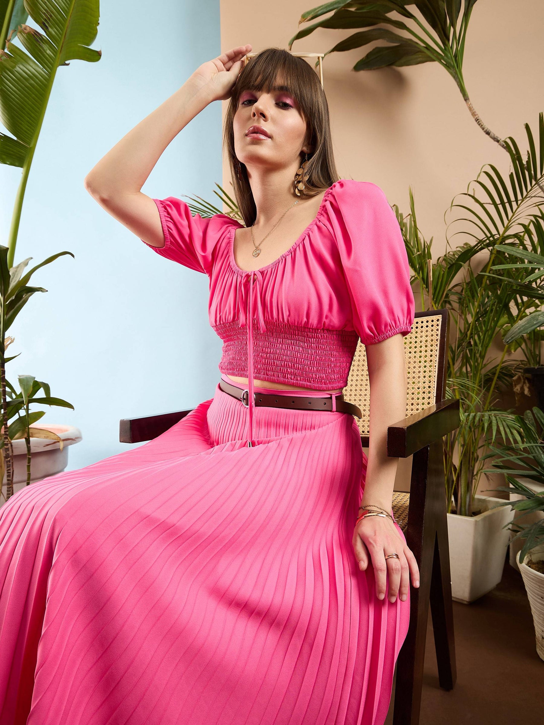 Pink Accordion Pleated Midi Skirt-SASSAFRAS