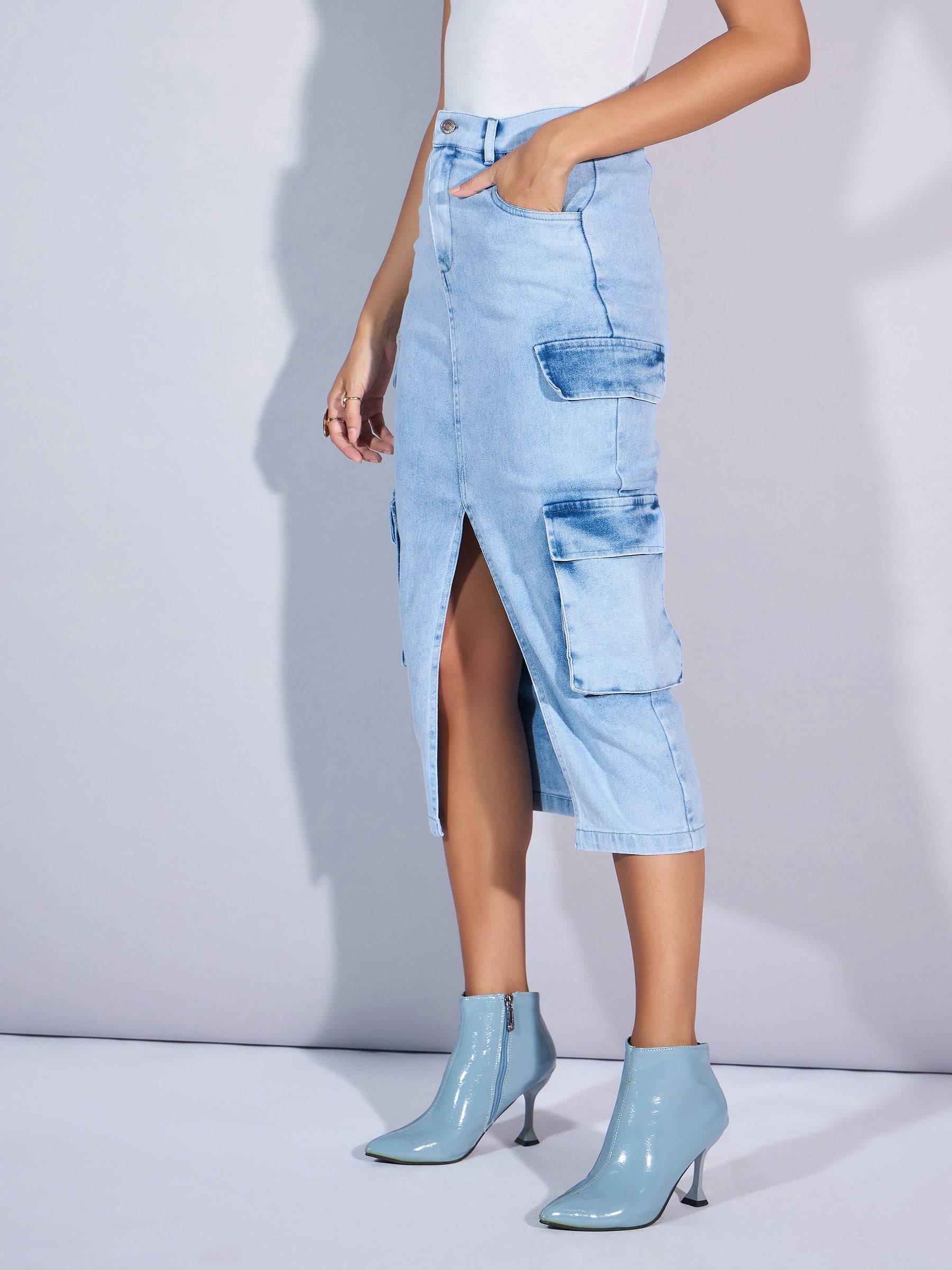 Light Blue Denim Box Pocket Front Slit Midi Skirt-SASSAFRAS