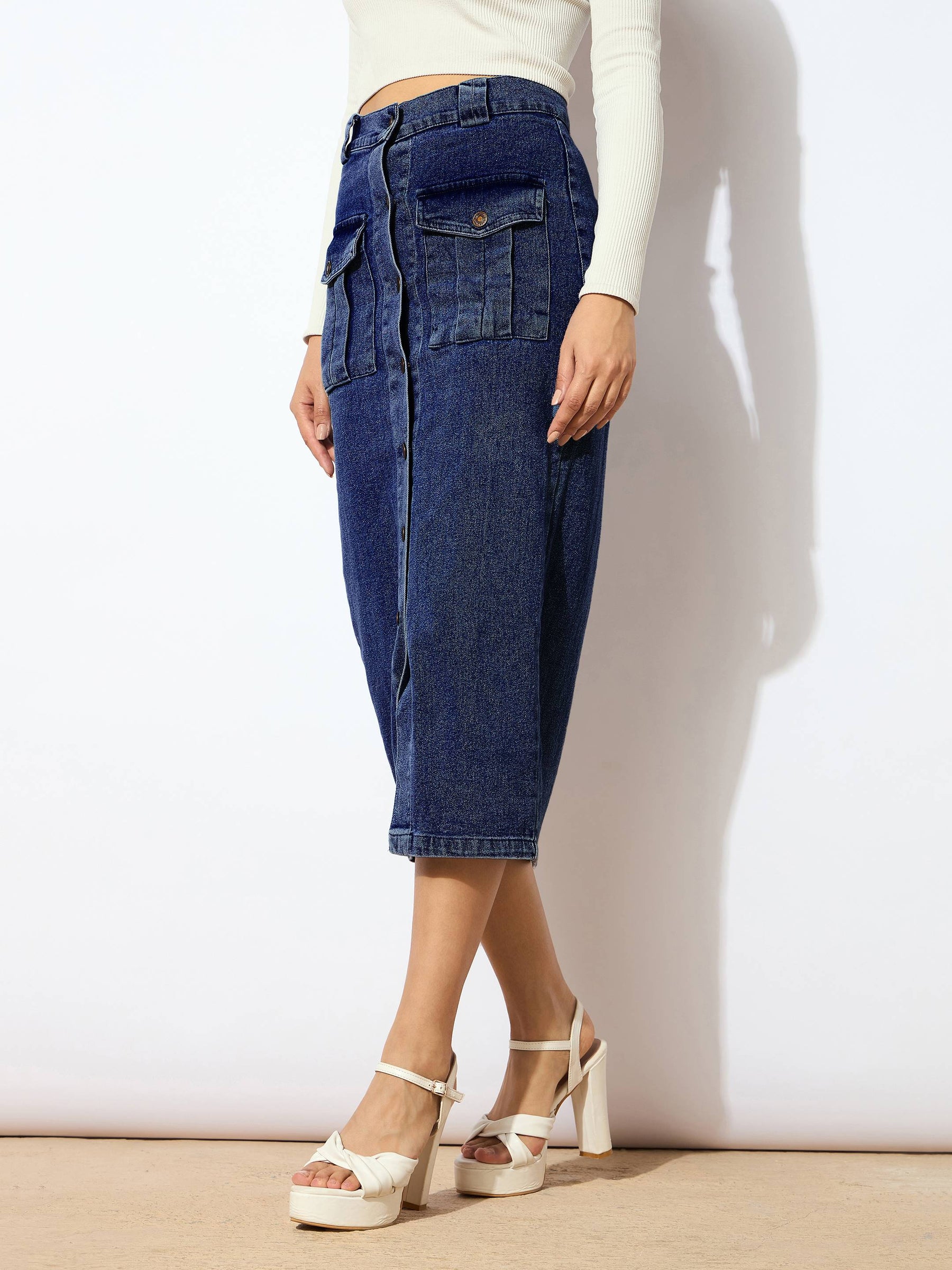 Blue Blast Denim Front Button Midi Skirt-SASSAFRAS