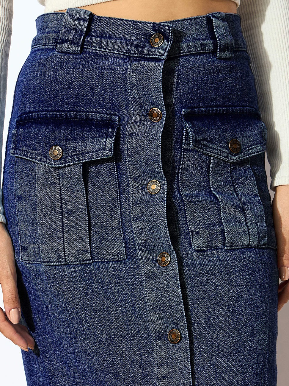 Blue Blast Denim Front Button Midi Skirt-SASSAFRAS