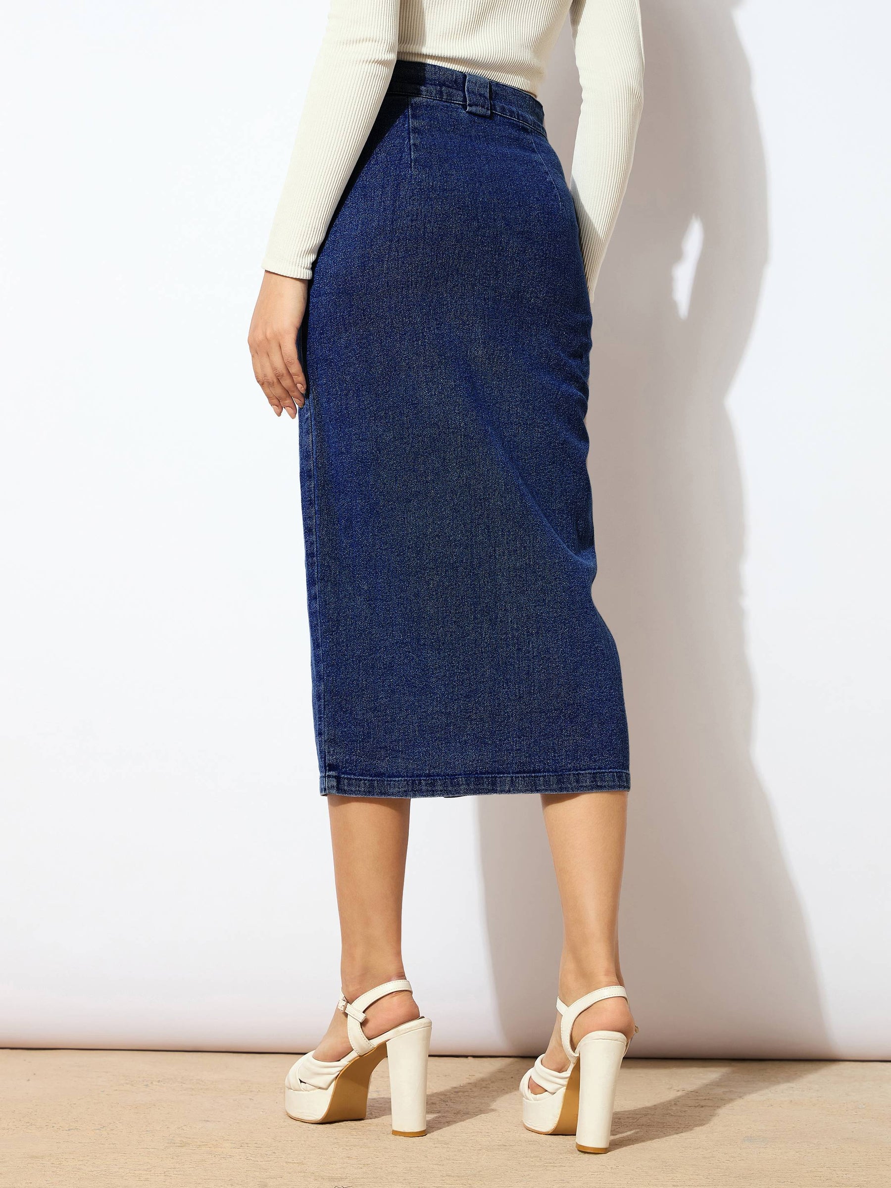 Blue Blast Denim Front Button Midi Skirt-SASSAFRAS