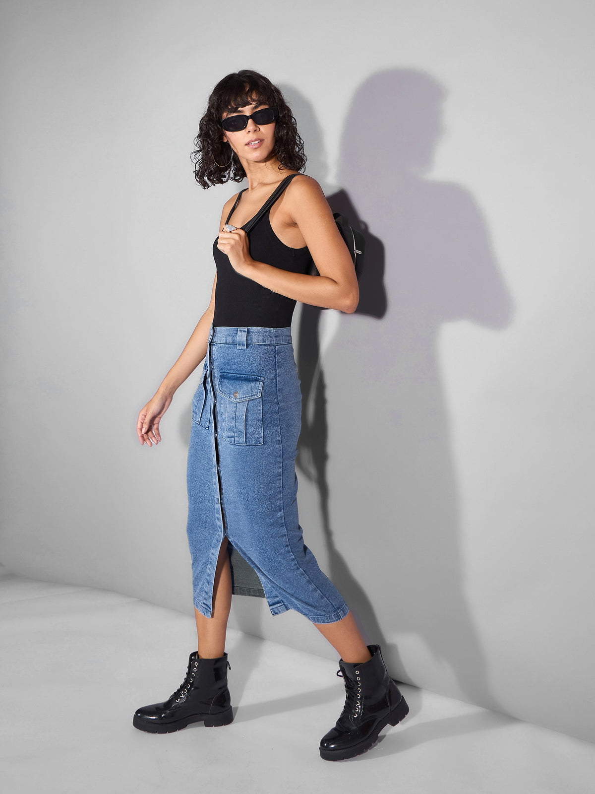 Blue Washed Denim Front Button Midi Skirt-SASSAFRAS