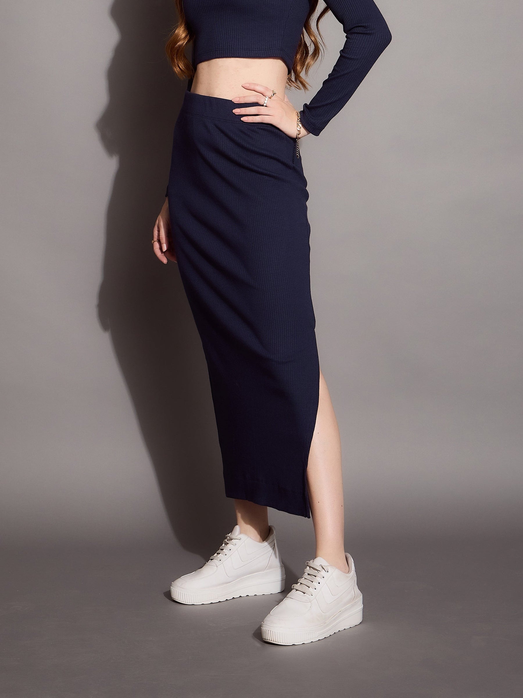 Navy Rib Pencil Skirt-SASSAFRAS BASICS