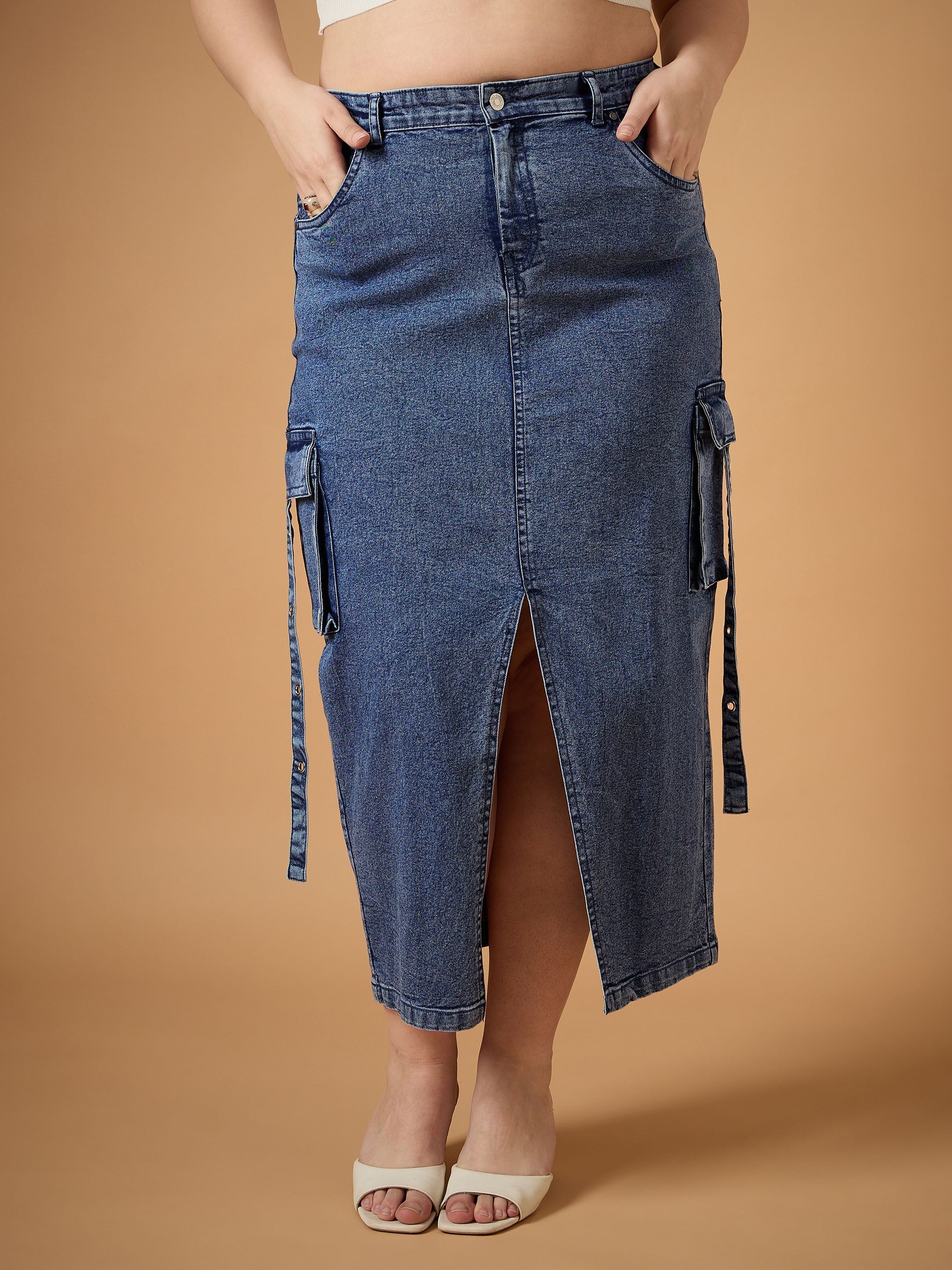 Women Light Blue Denim Box Pocket Front Slit Midi Skirt