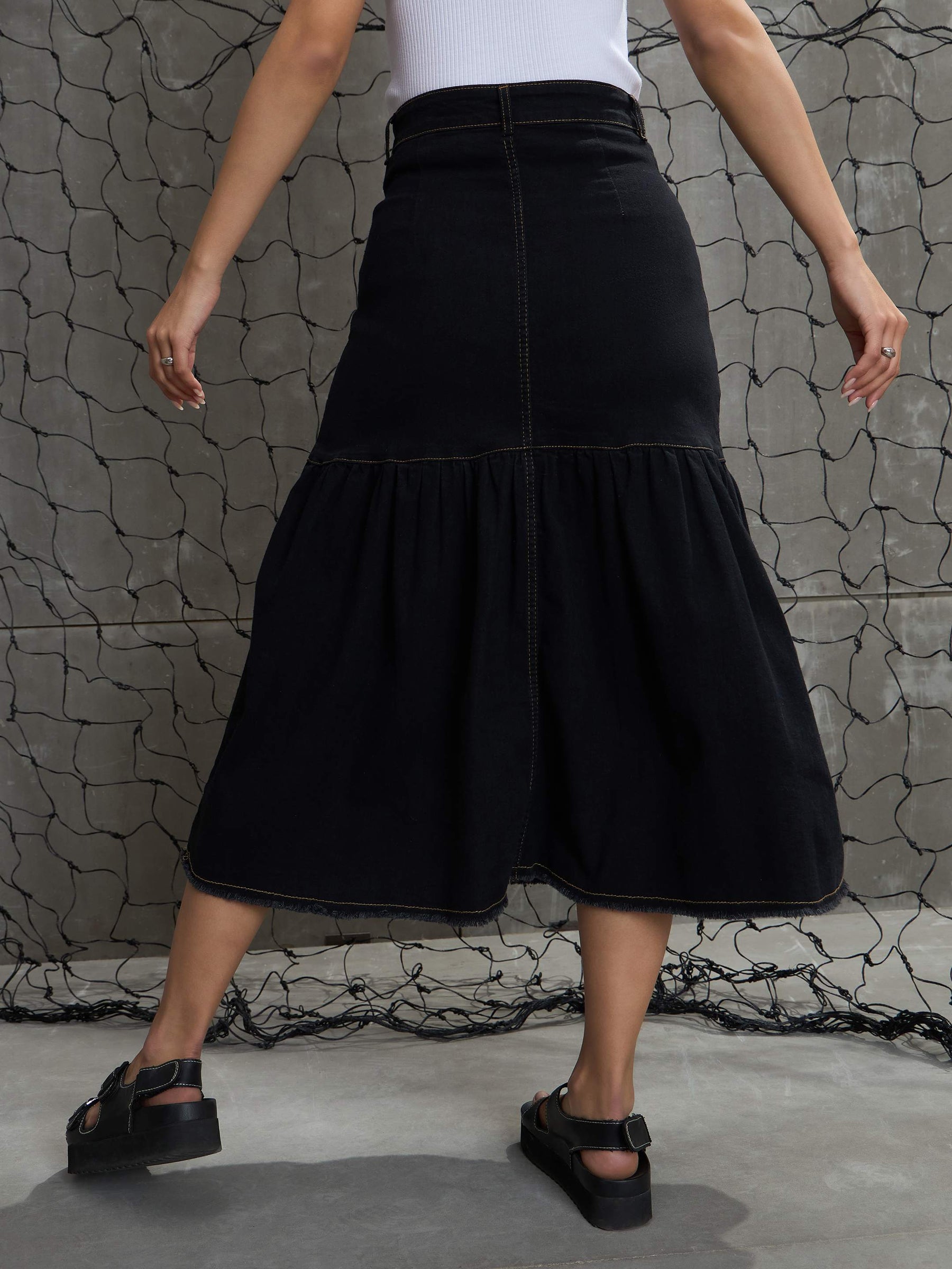 Black Denim Flared Midi Skirt-SASSAFRAS