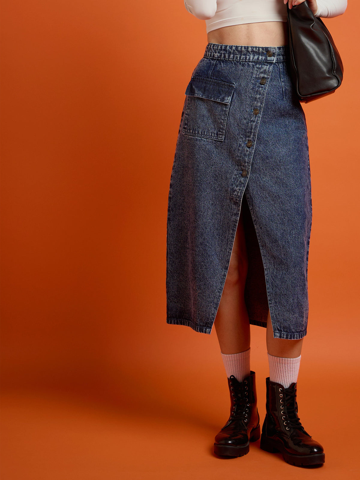 Blue Front Button Wrap Skirt-SASSAFRAS