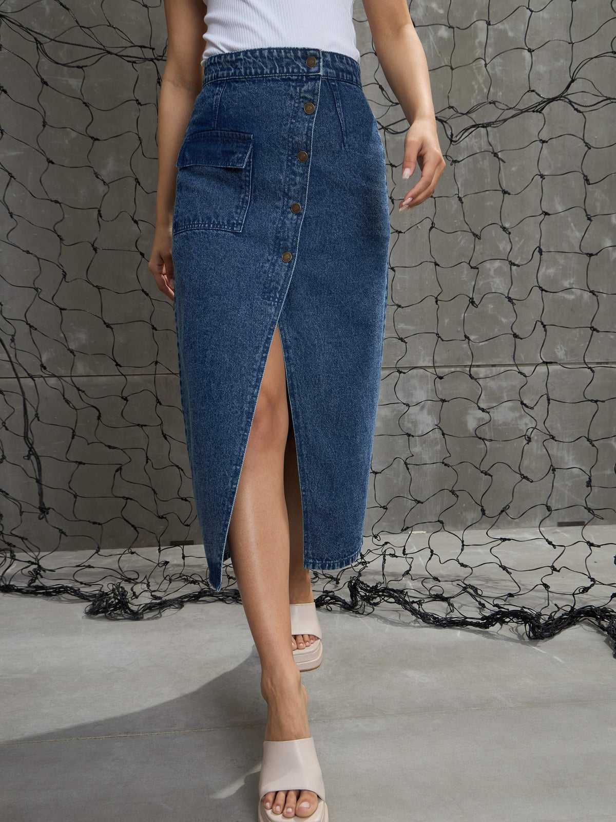 Blue Front Button Wrap Skirt-SASSAFRAS