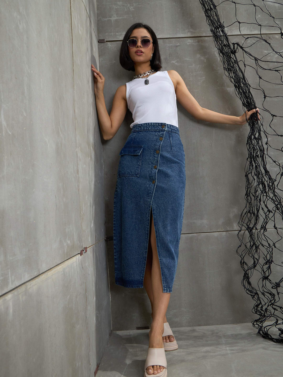 Blue Front Button Wrap Skirt-SASSAFRAS