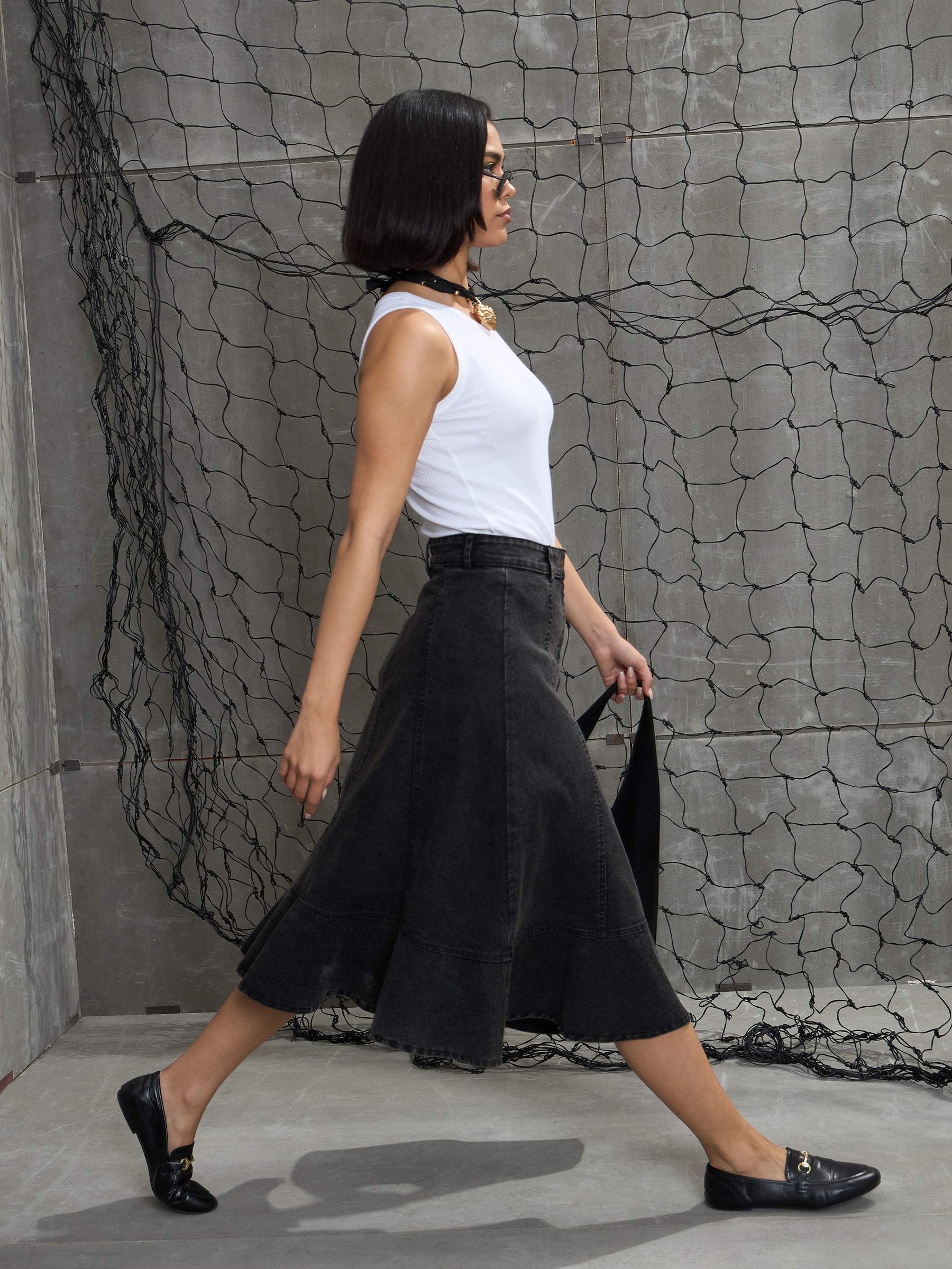 Black Washed Denim Flared Hem Skirt -SASSAFRAS