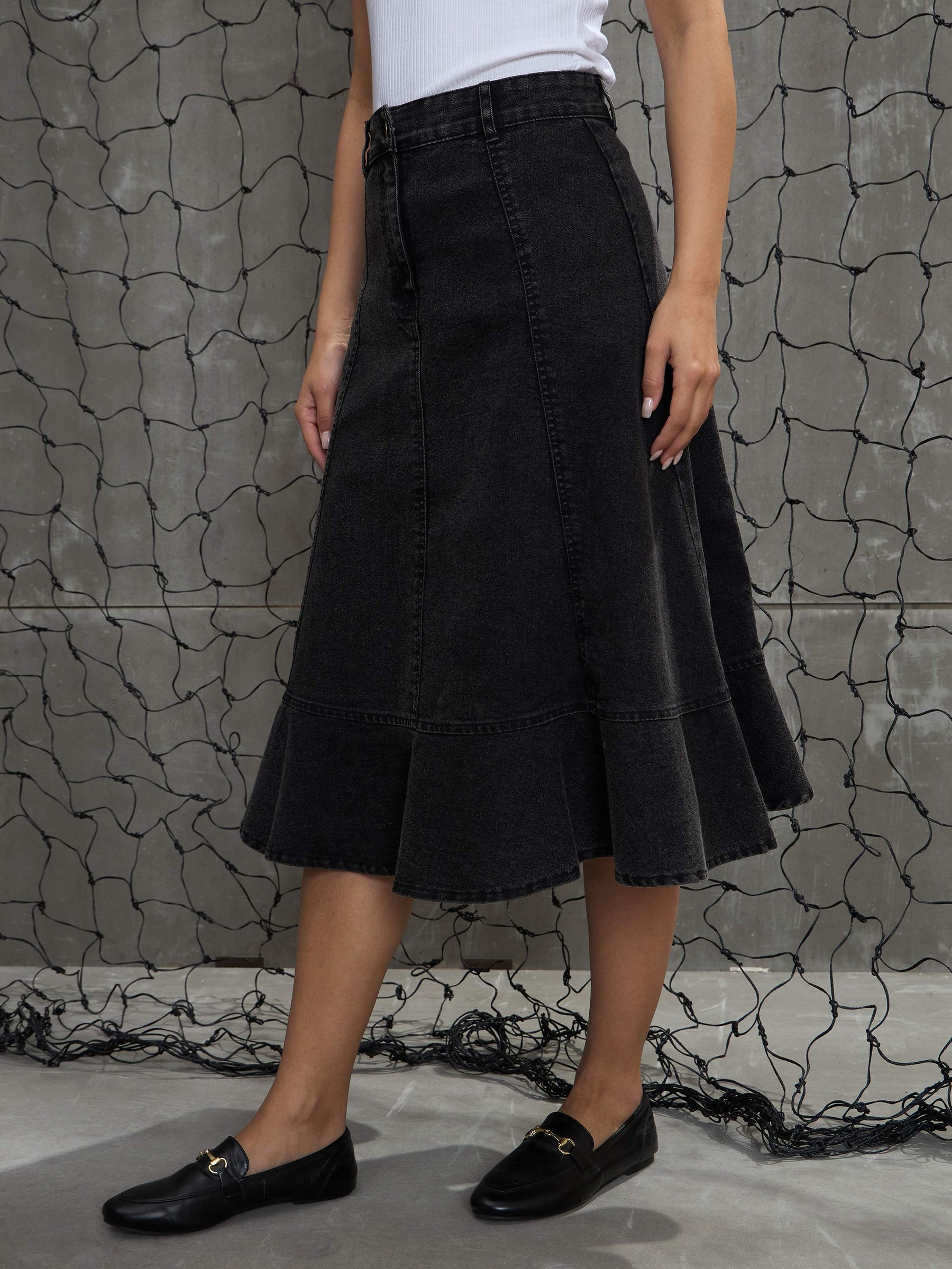 Black Washed Denim Flared Hem Skirt -SASSAFRAS