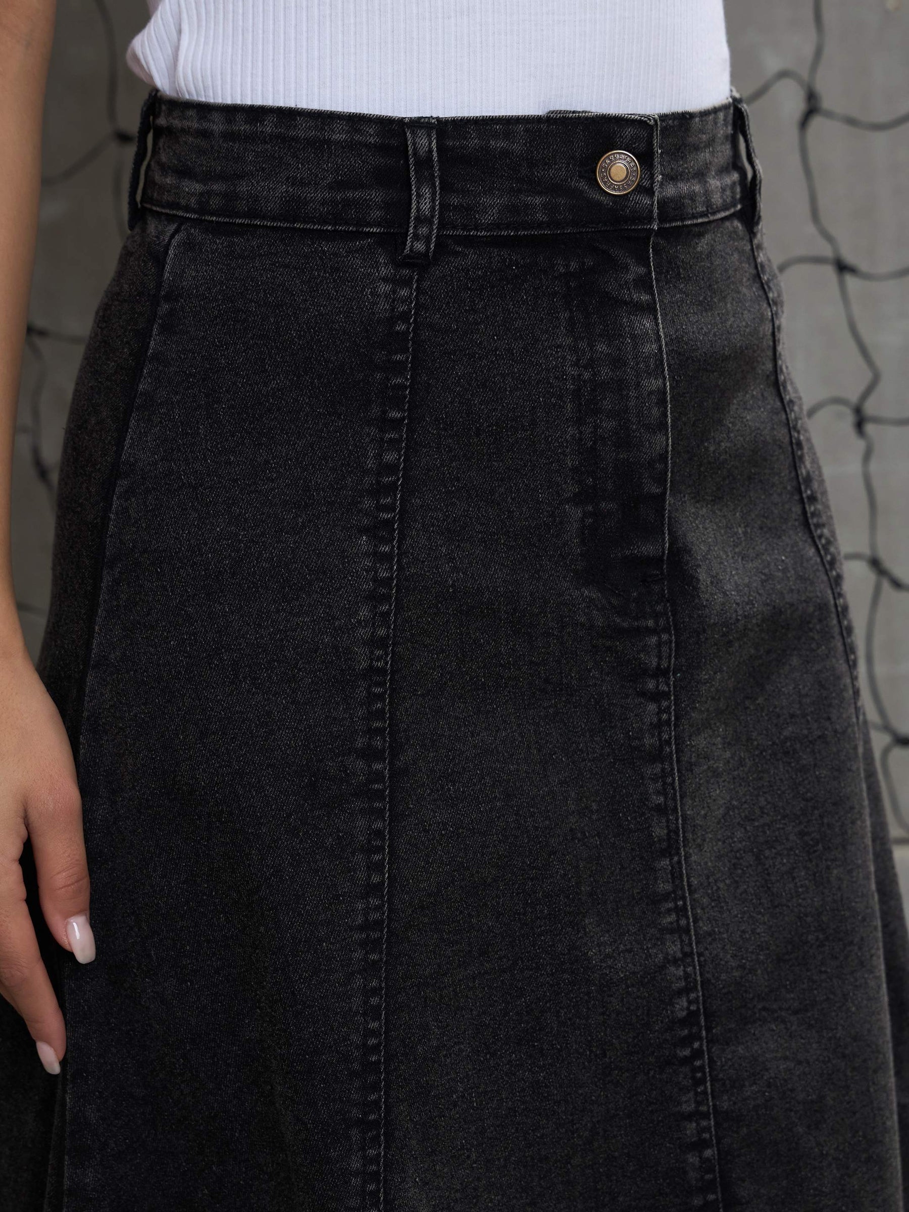 Black Washed Denim Flared Hem Skirt -SASSAFRAS