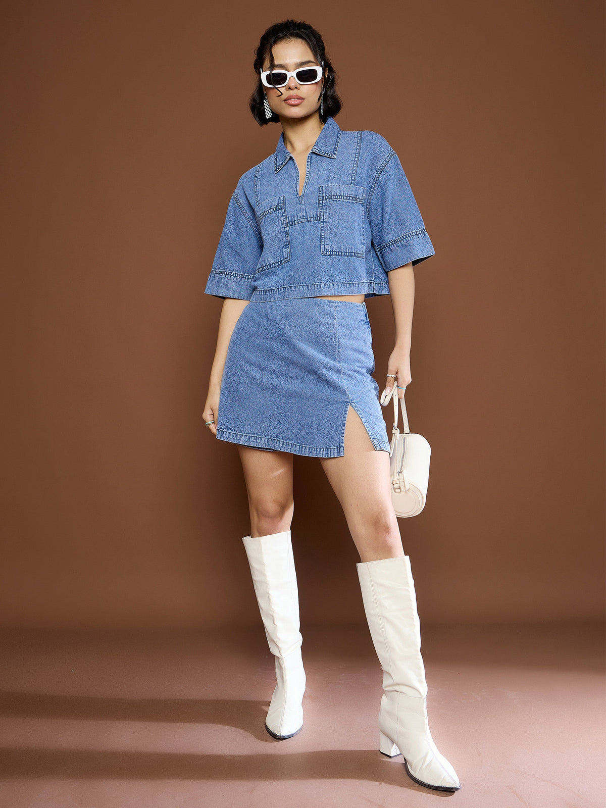 Blue Blast Denim Front Slit Skorts-SASSAFRAS