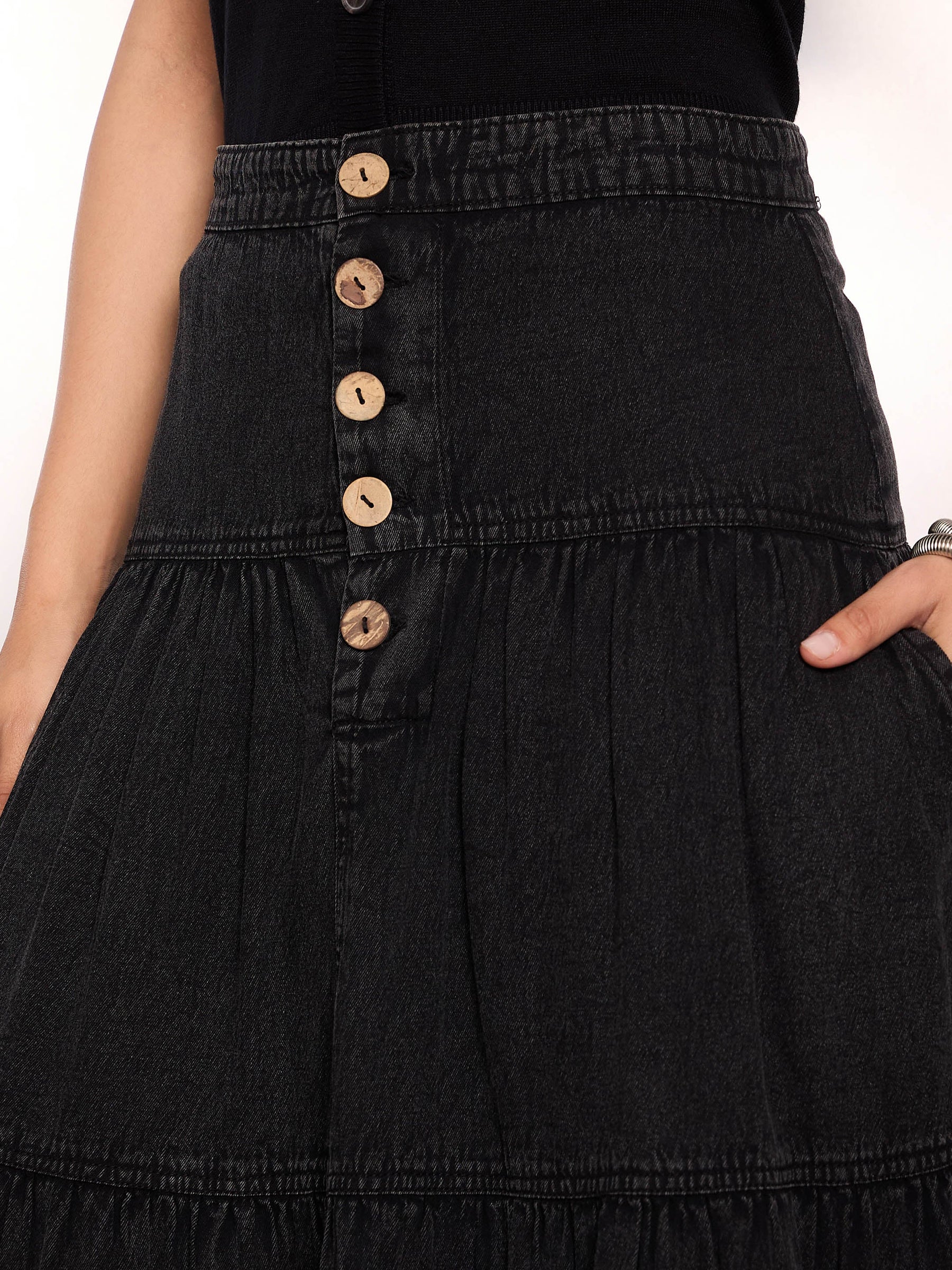 Black Washed Denim Tiered Maxi Skirt-SASSAFRAS