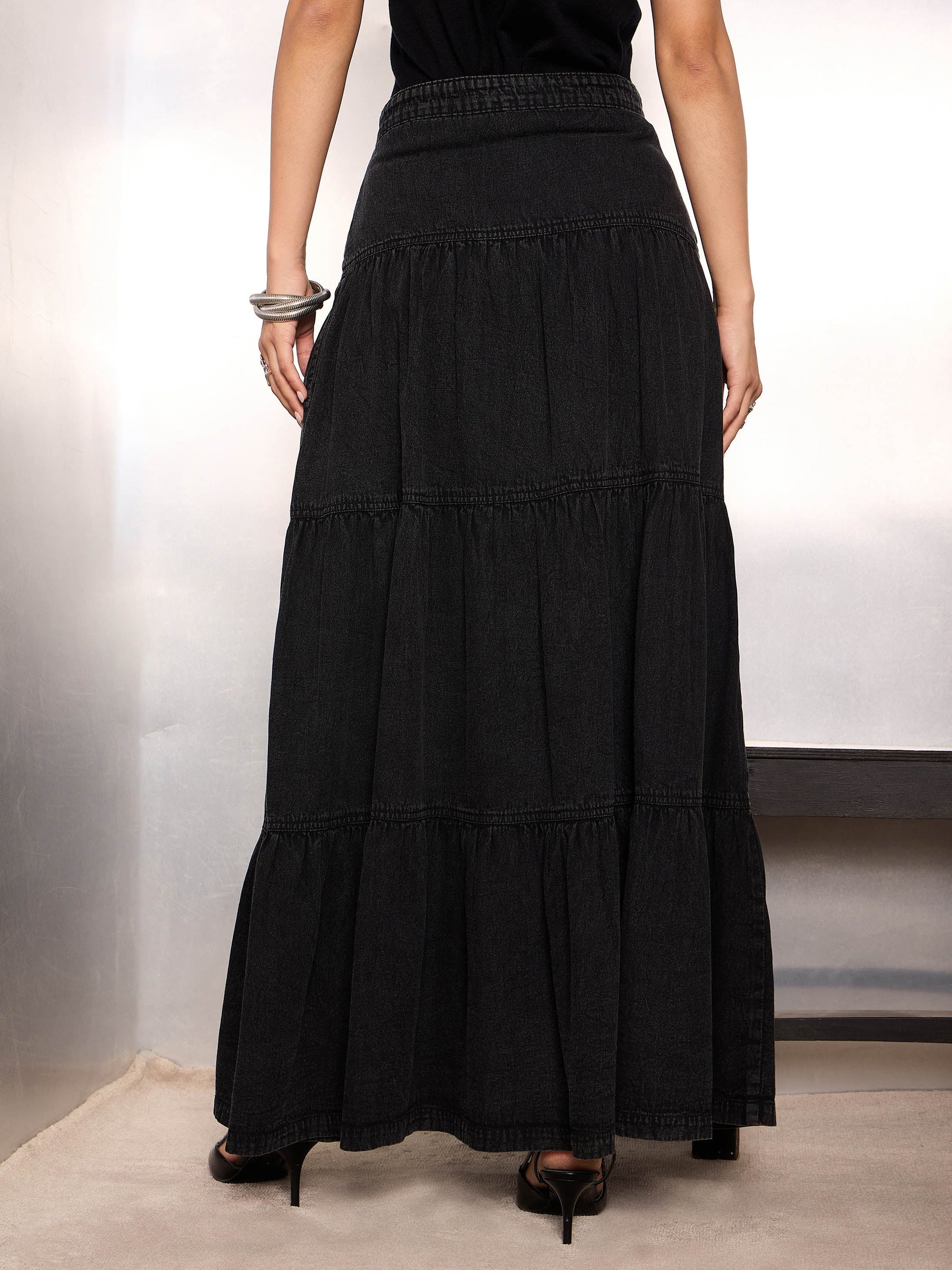 Black Washed Denim Tiered Maxi Skirt-SASSAFRAS