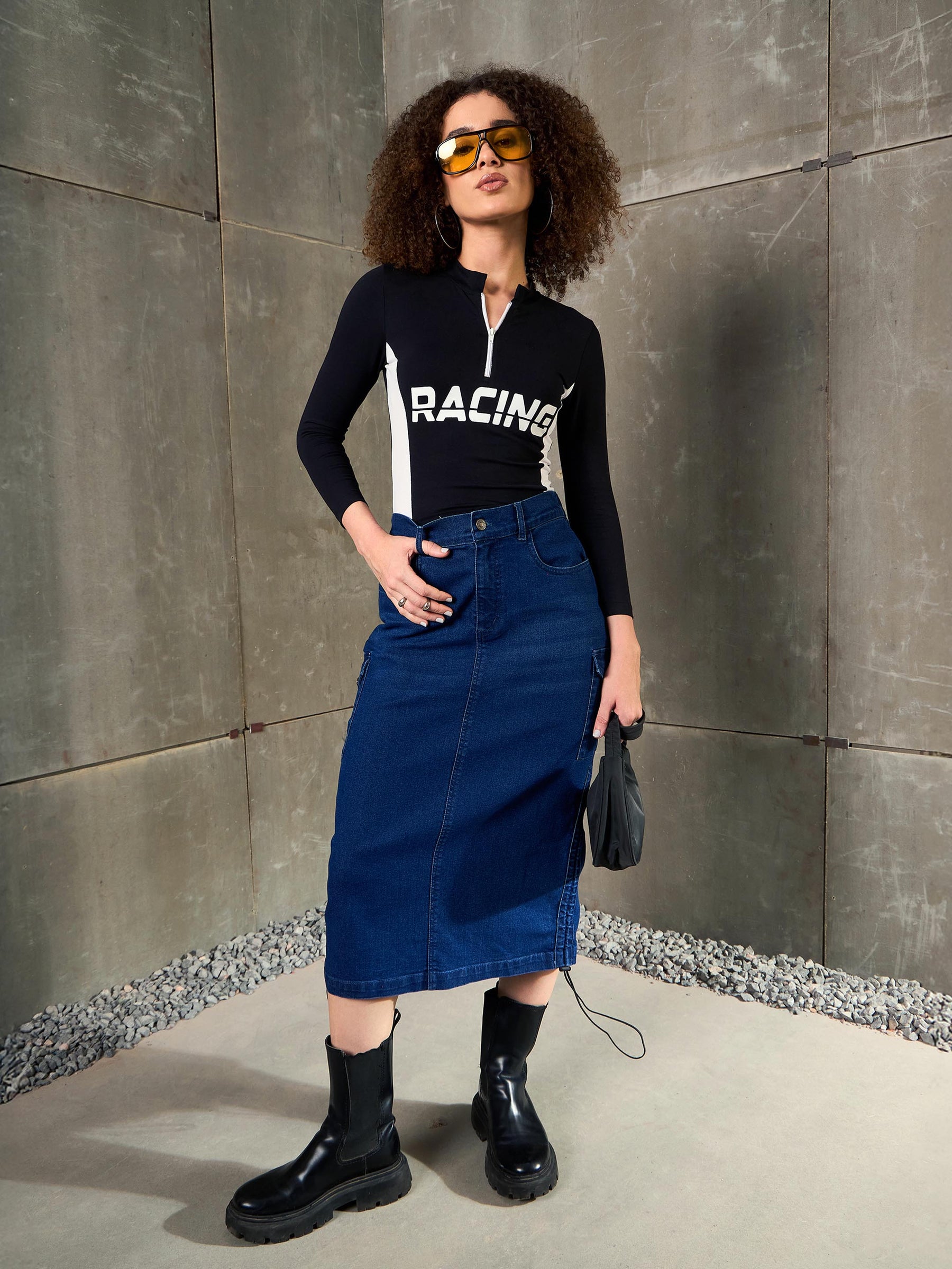 Navy Blue Denim Side Ruching Pencil Skirt-SASSAFRAS