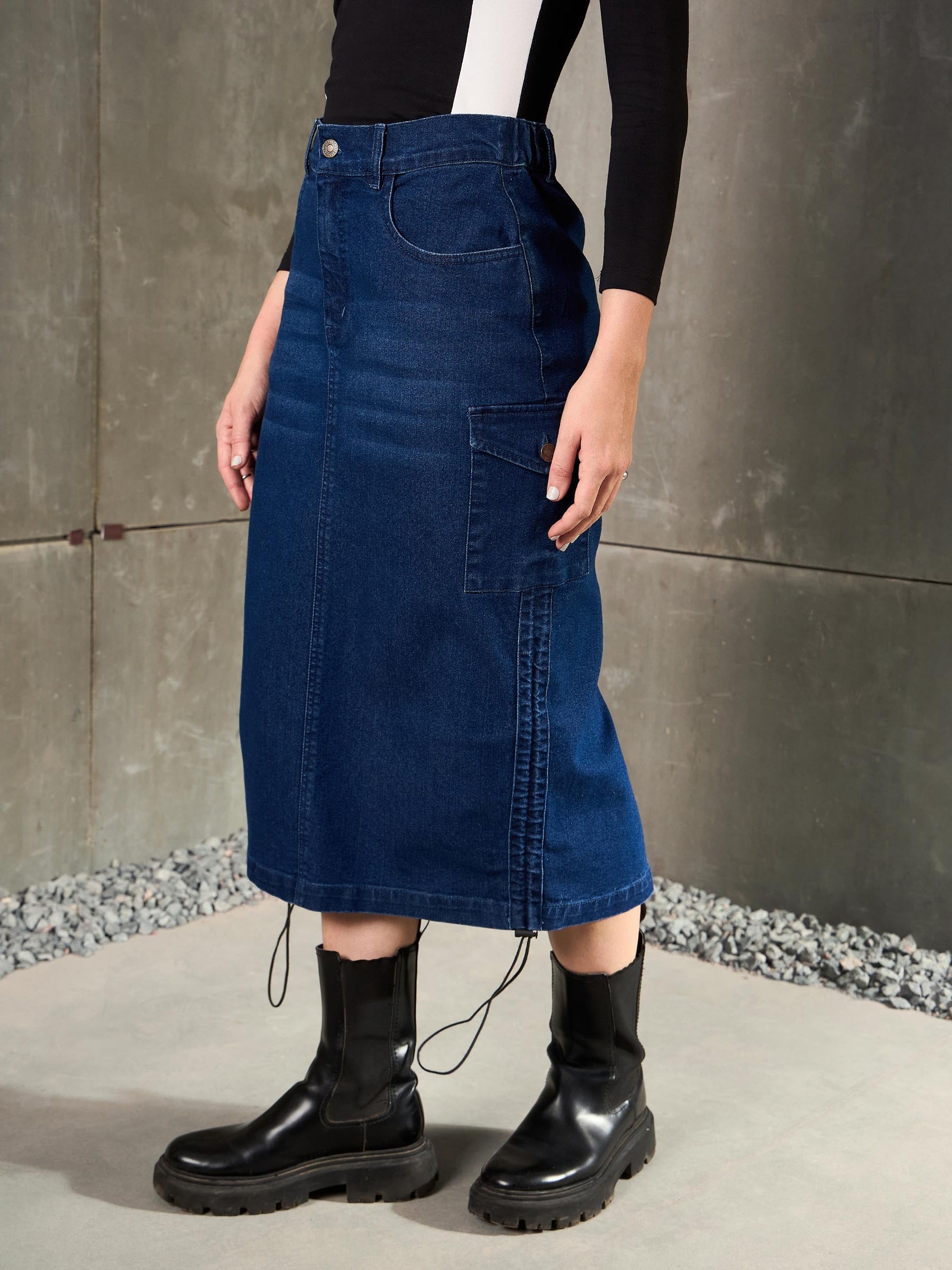 Navy Blue Denim Side Ruching Pencil Skirt-SASSAFRAS
