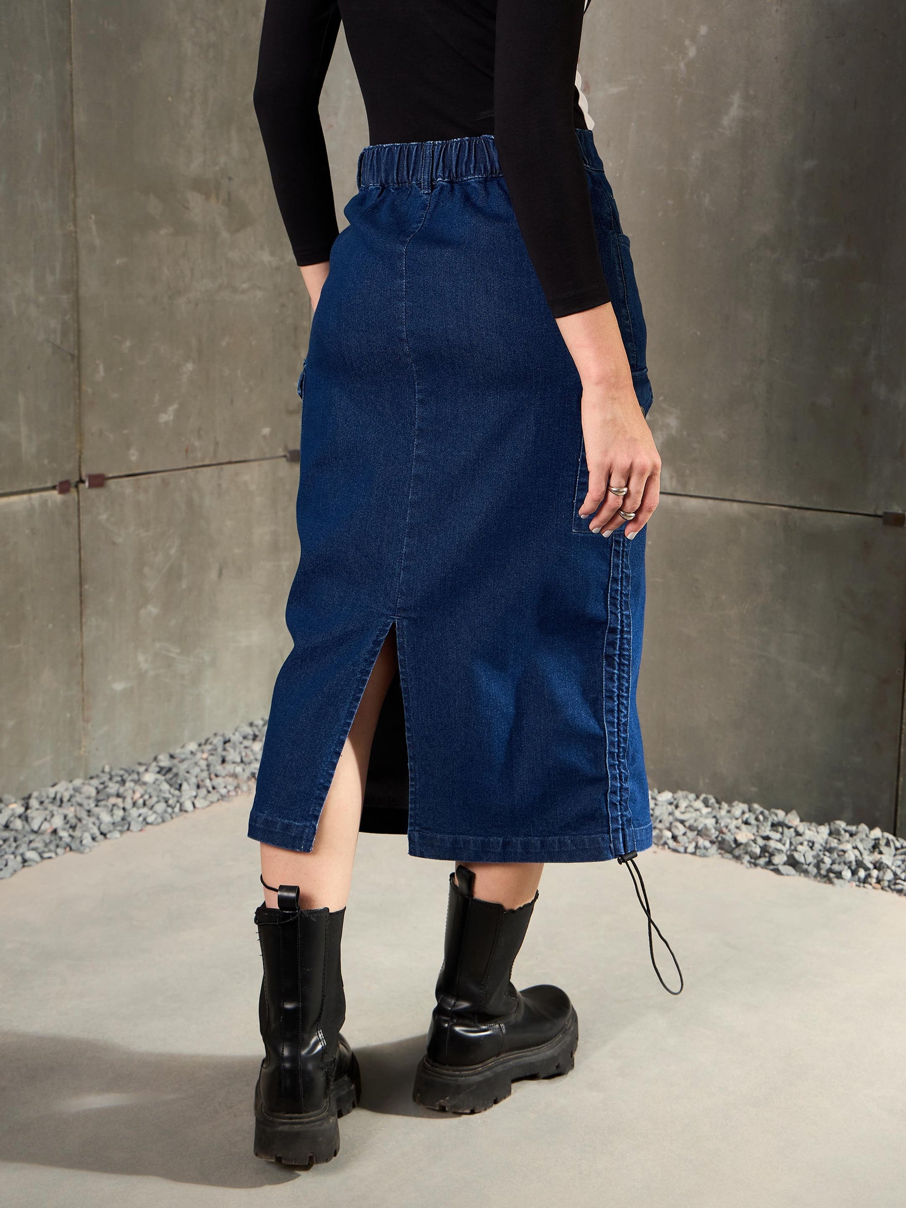 Navy Blue Denim Side Ruching Pencil Skirt-SASSAFRAS