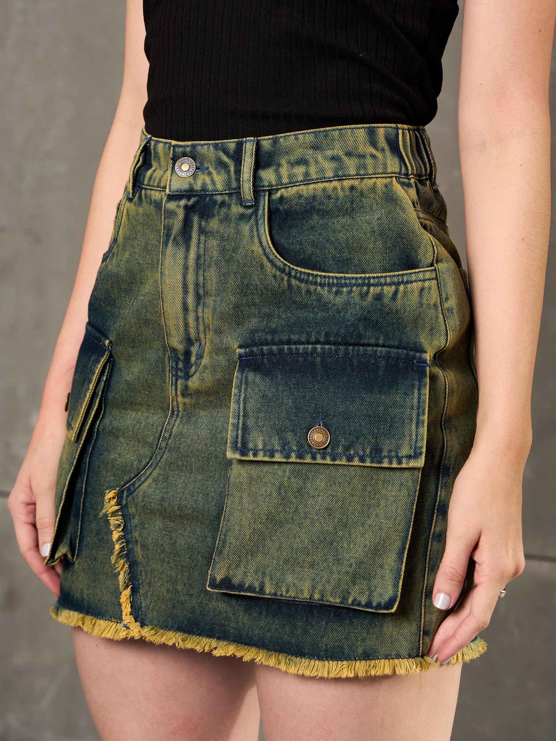 Green Washed Denim Fring Mini Skirt -SASSAFRAS