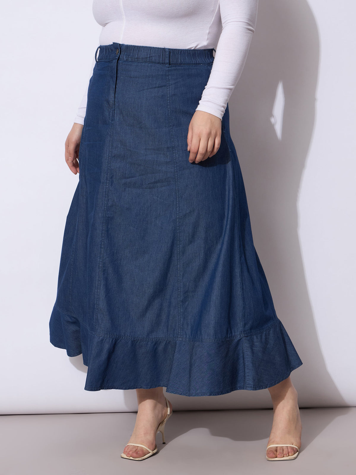 Blue Wash Tencil Frill Hem Skirt-SASSAFRAS Curve