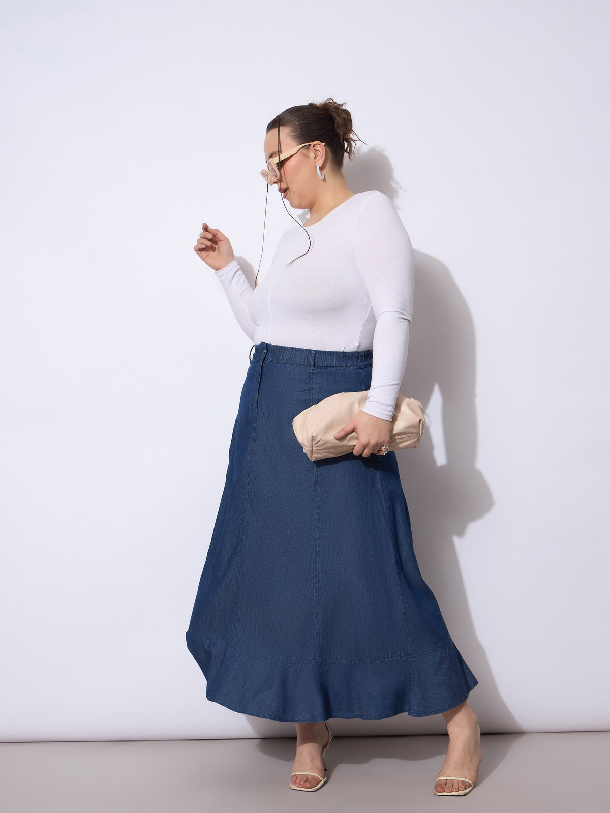 Blue Wash Tencil Frill Hem Skirt-SASSAFRAS Curve