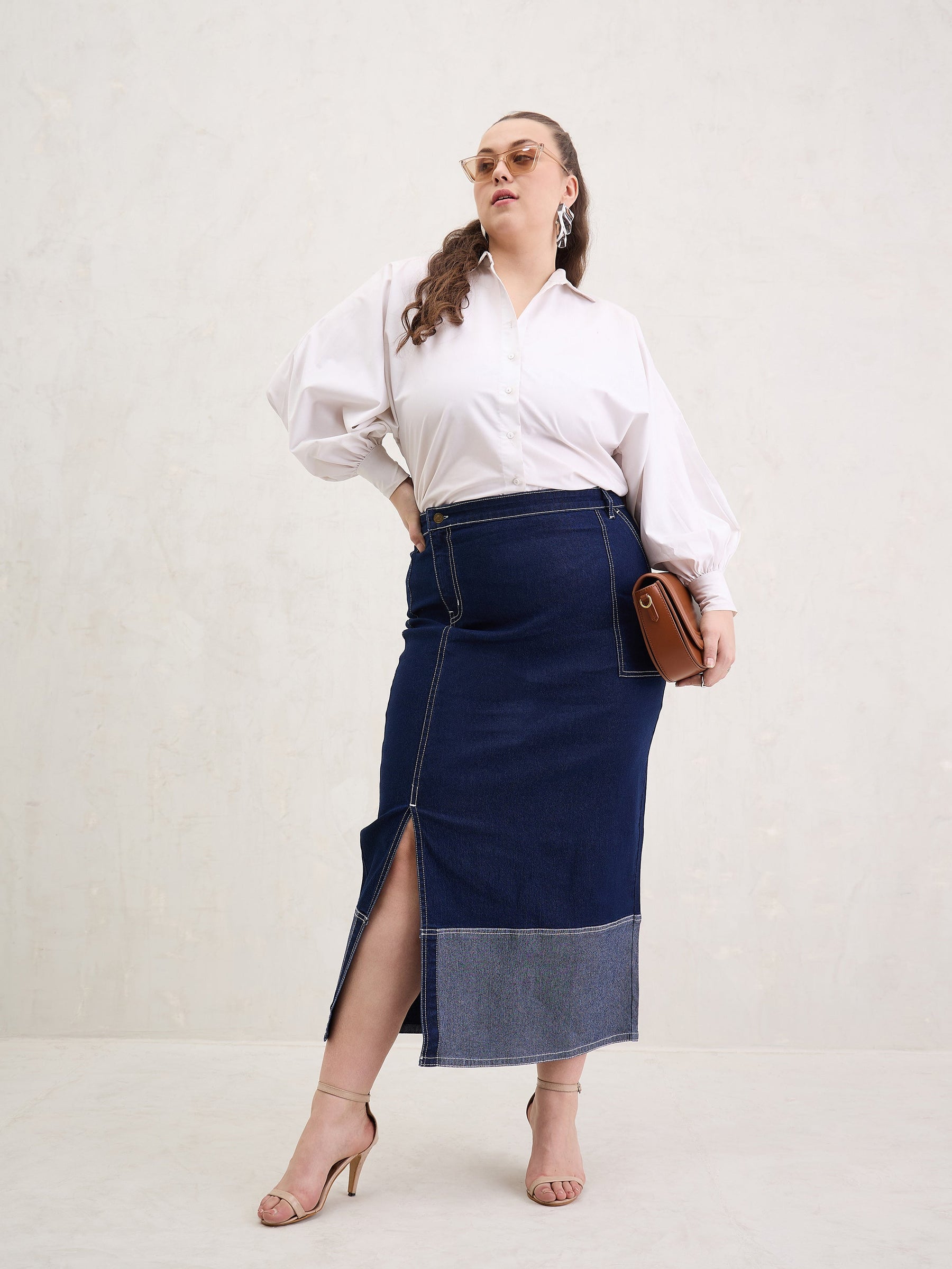 Navy Denim Side Slit Skirt-SASSAFRAS Curve