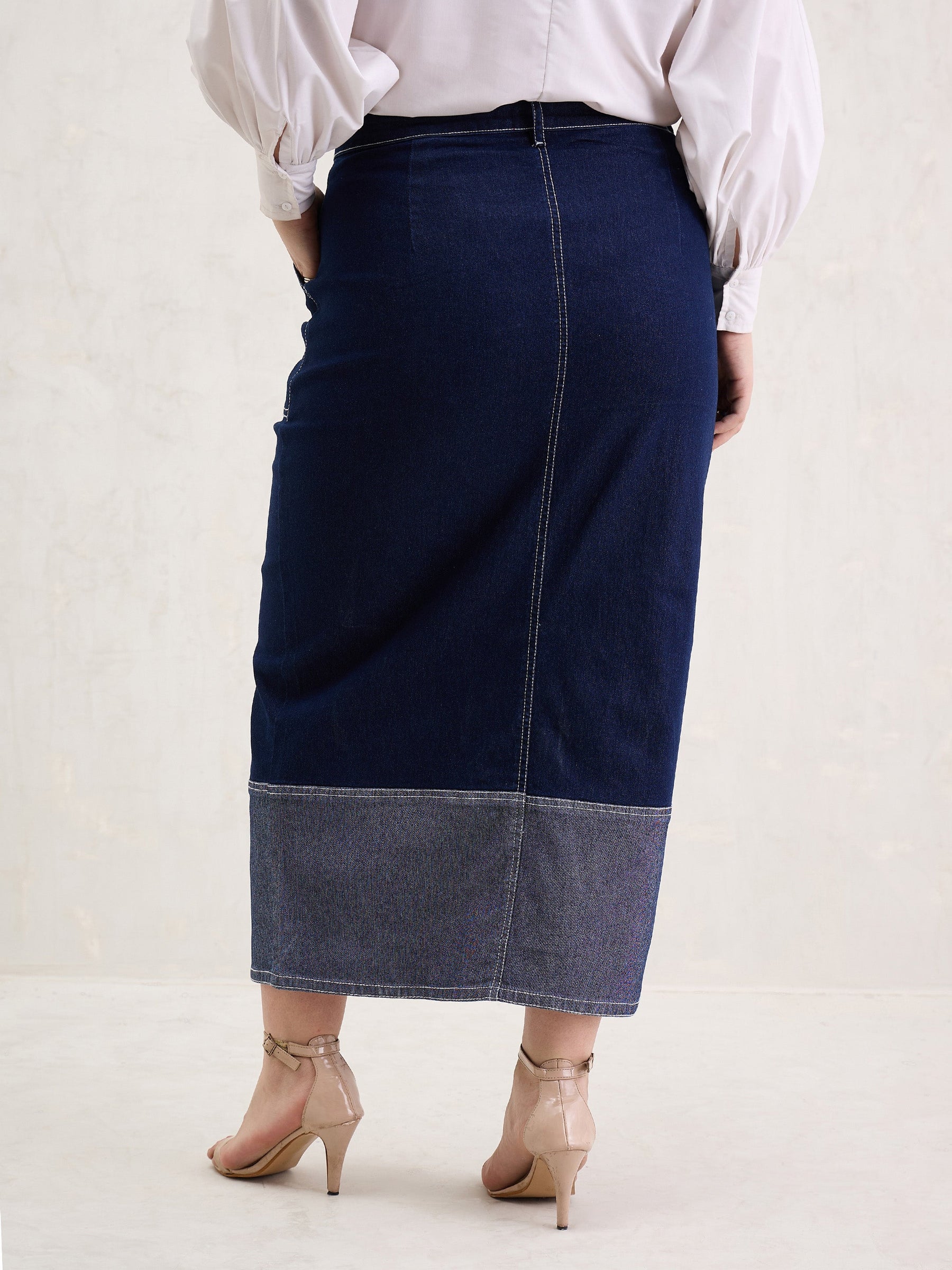 Navy Denim Side Slit Skirt-SASSAFRAS Curve