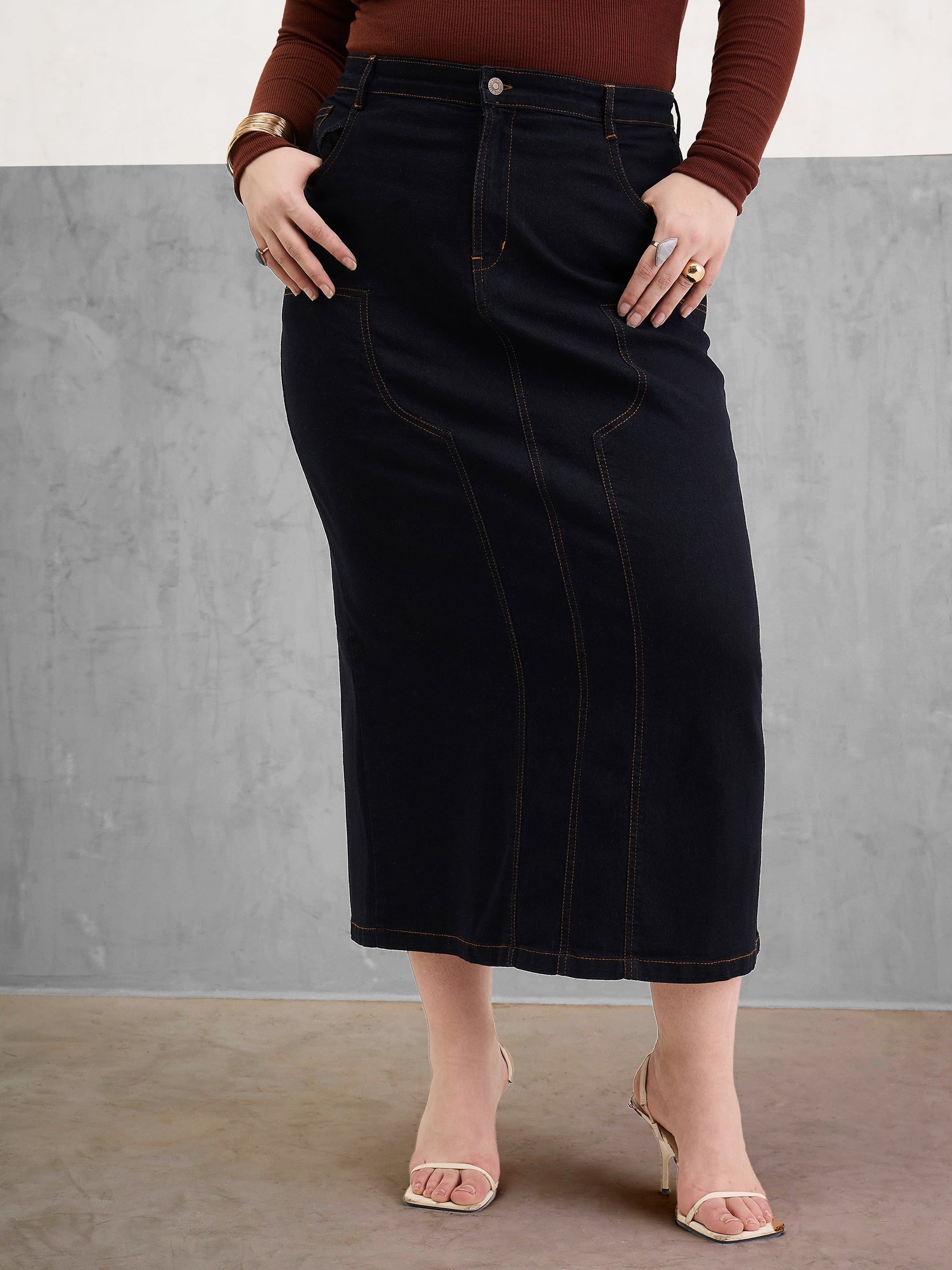 Black Denim Front Patch Midi Skirt-SASSAFRAS Curve
