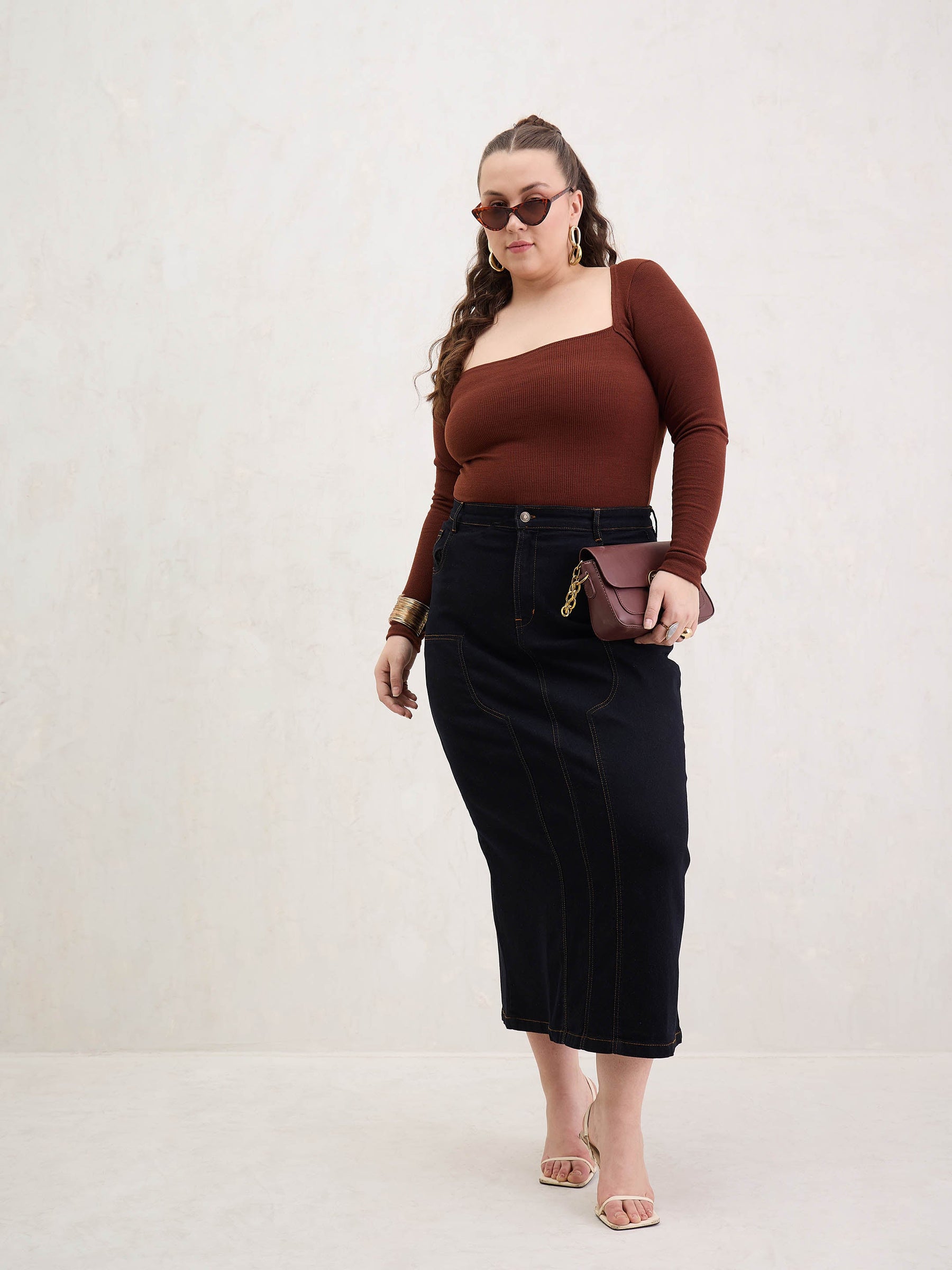 Black Denim Front Patch Midi Skirt-SASSAFRAS Curve