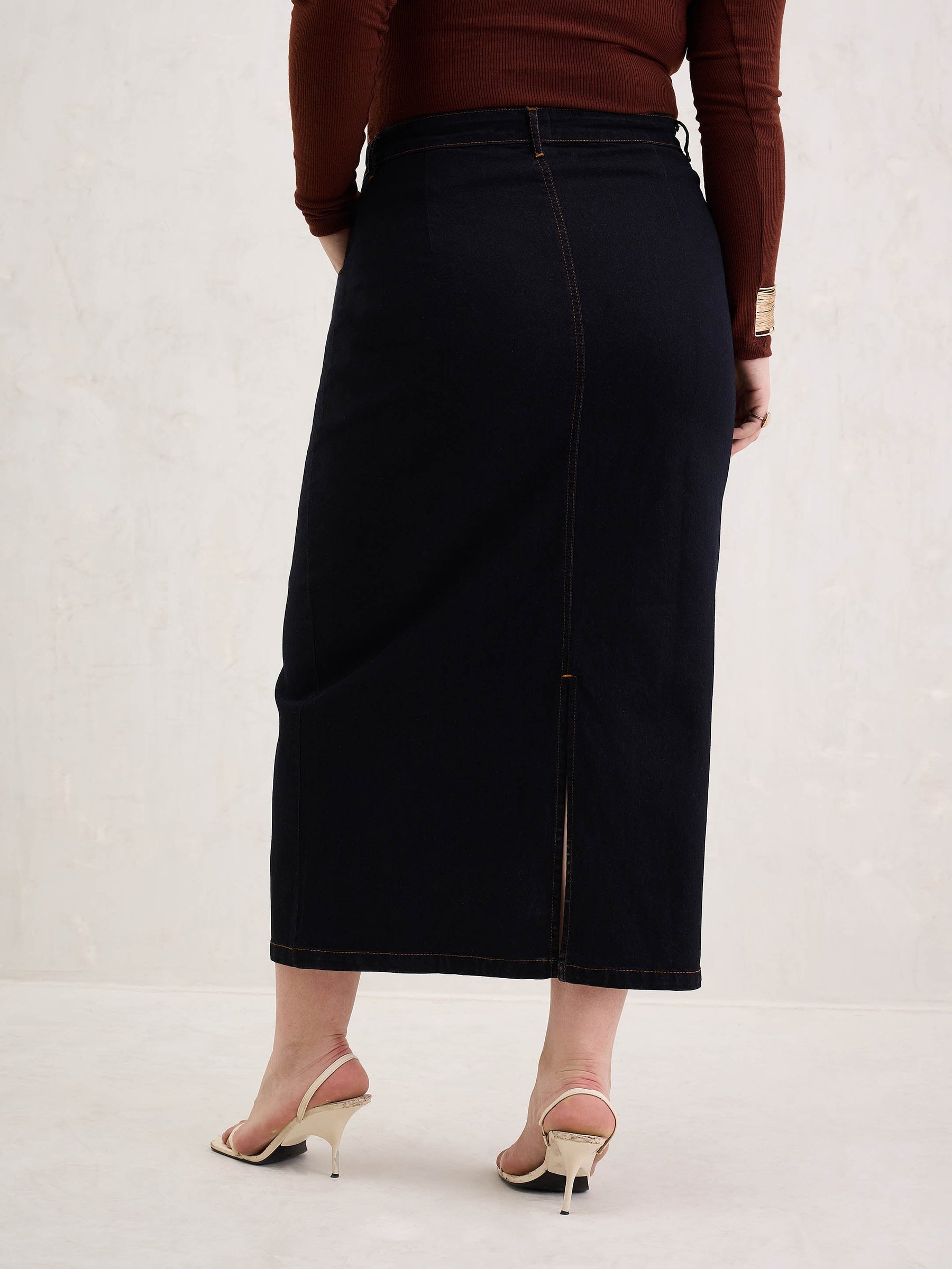 Black Denim Front Patch Midi Skirt-SASSAFRAS Curve
