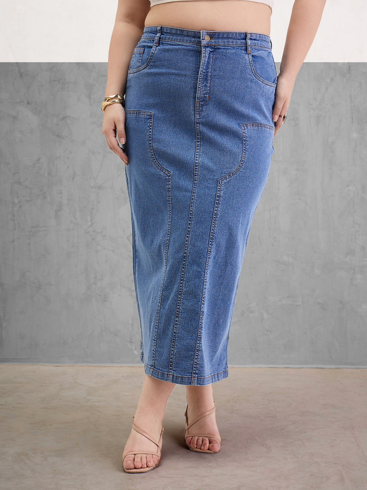 Blue Blast Denim Front Patch Midi Skirt-SASSAFRAS Curve