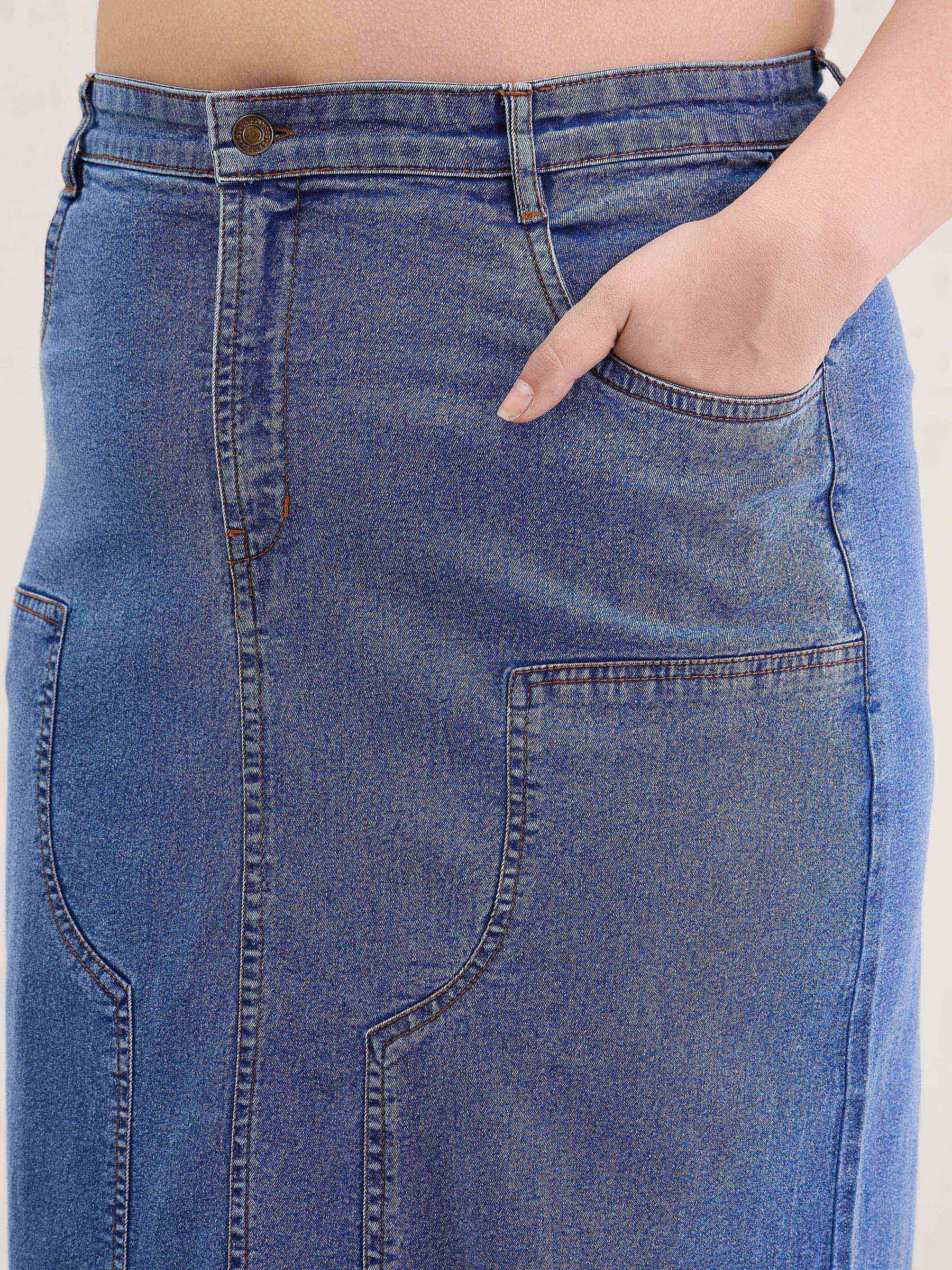 Blue Blast Denim Front Patch Midi Skirt-SASSAFRAS Curve