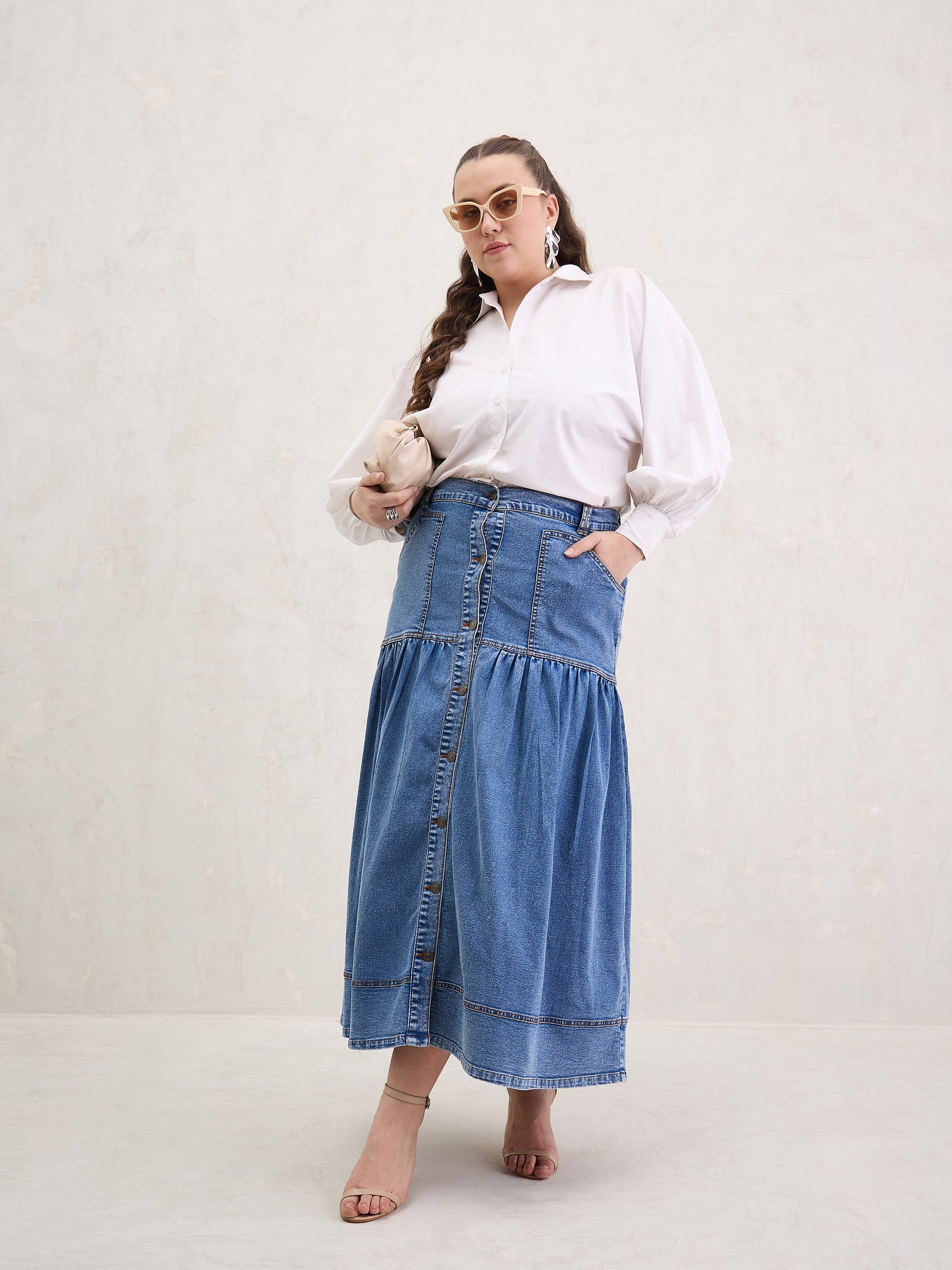 Ice Blue Denim Front Button Maxi Skirt-SASSAFRAS Curve