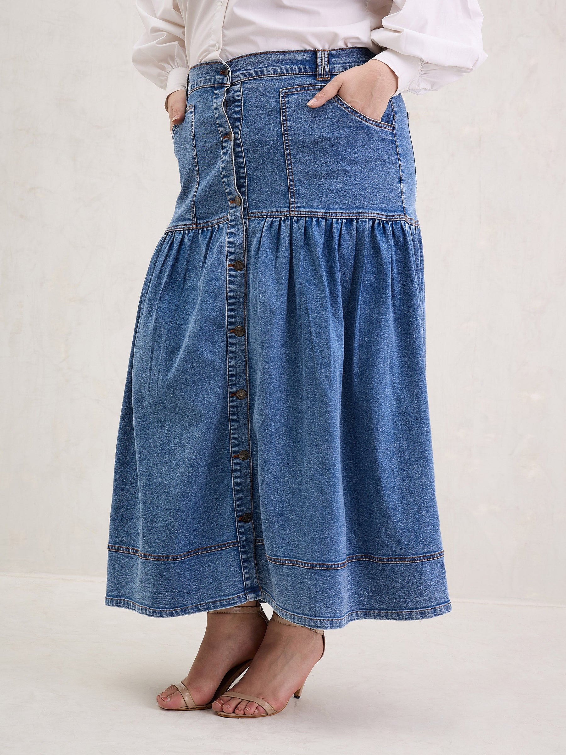 Ice Blue Denim Front Button Maxi Skirt-SASSAFRAS Curve